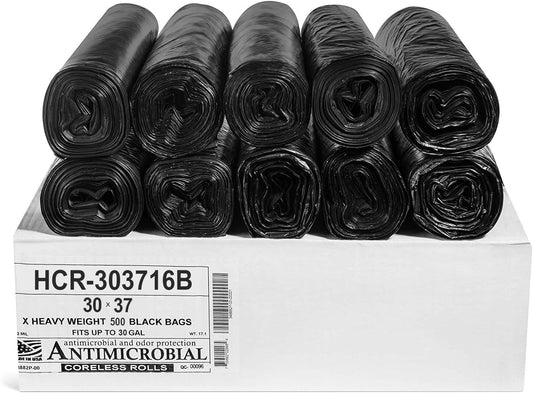 Aluf Plastics High Density Trash Bags, 30 Gallon, 500 Count, 16 Micron (eq), 30" x 37", Black, for Bathroom, Office, Industrial, Commercial, Janitorial, Municipal, Recycling