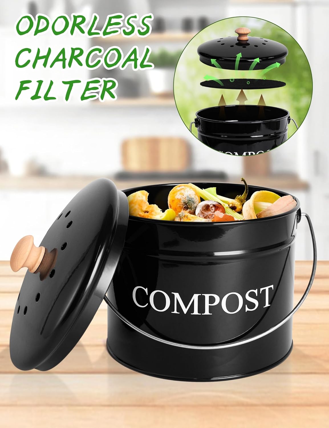 Compost Bin - 1 Gallon Countertop Composter with Lid and Charcoal Filters, Rust Proof Indoor Bucket for Kitchen Food Waste