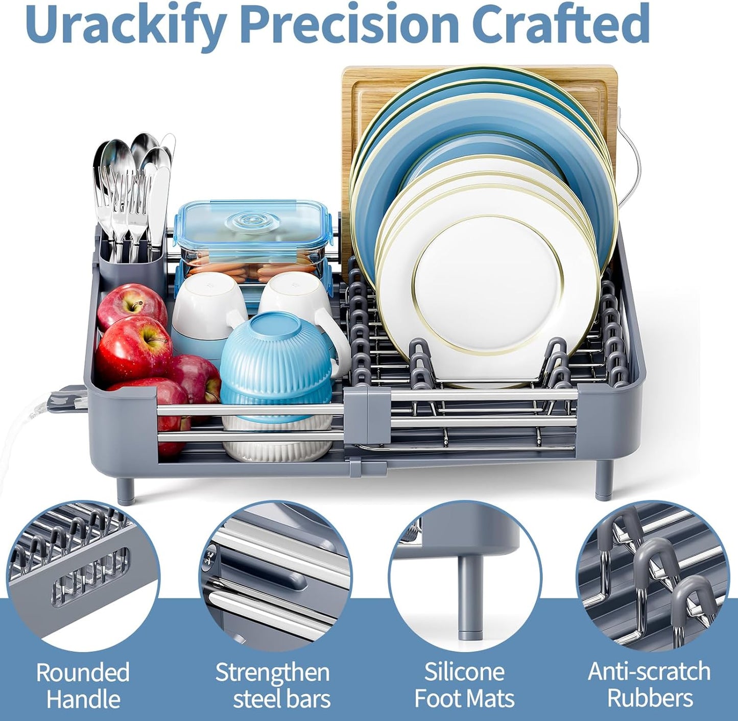 Dish Racks for Kitchen Counter, Dish Drying Rack - Stainless Steel Dish Drainer, Sink Drying Rack with Cutlery Holder, Dishes Organiser and Storage Rack, Gray