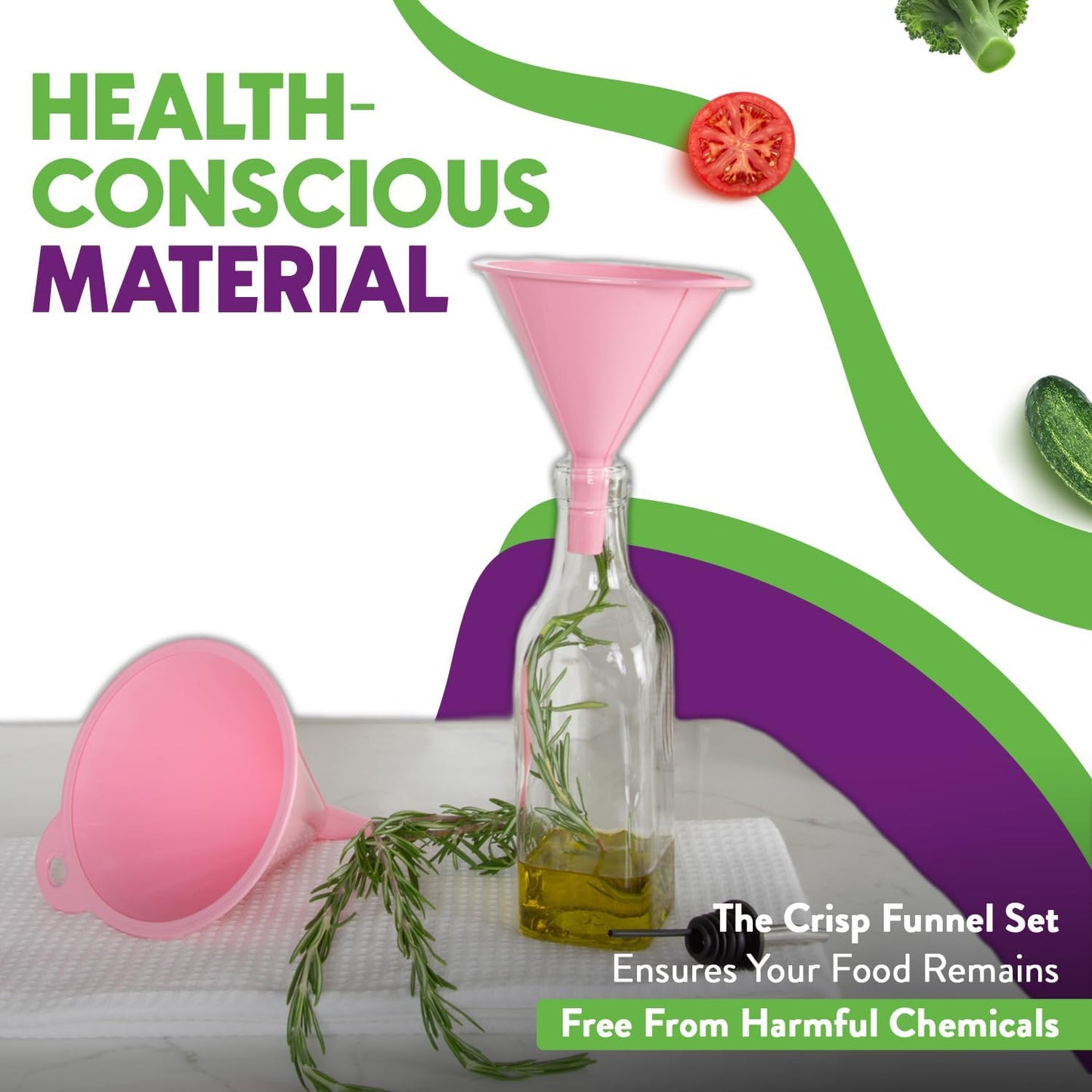 Crisp 2-Piece Funnel Set - All Purpose Funnels for Kitchen Use Filling Bottles - Durable & Dishwasher Safe Kitchen Funnel Set - Made in The USA - Pink