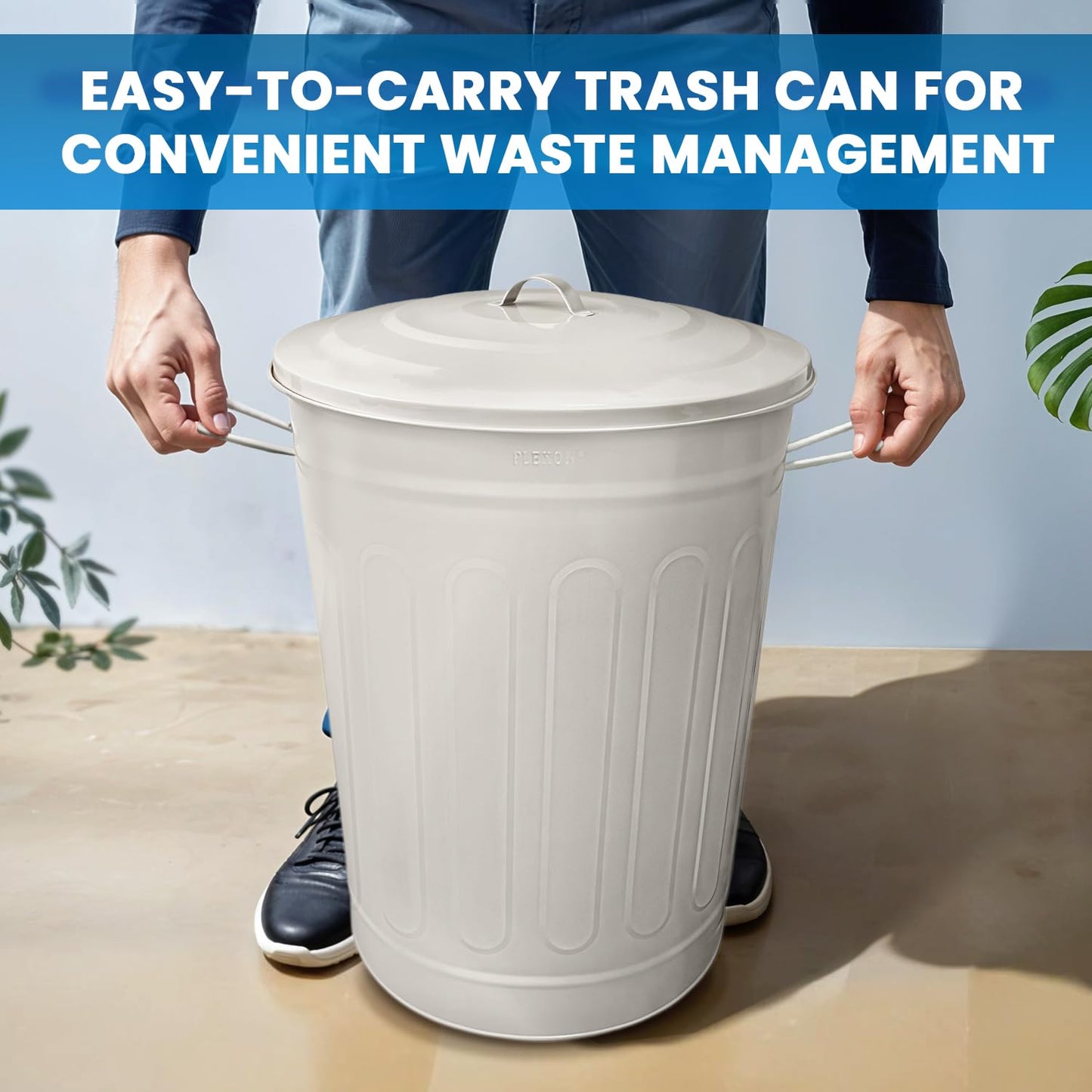 Plexon Round Trash Can 13 Gallon, Vintage Metal Outdoor Trash Can with Lid, Retro Farmhouse Garbage Container, Old School Modern Ash Bucket, Beige 3 Pack