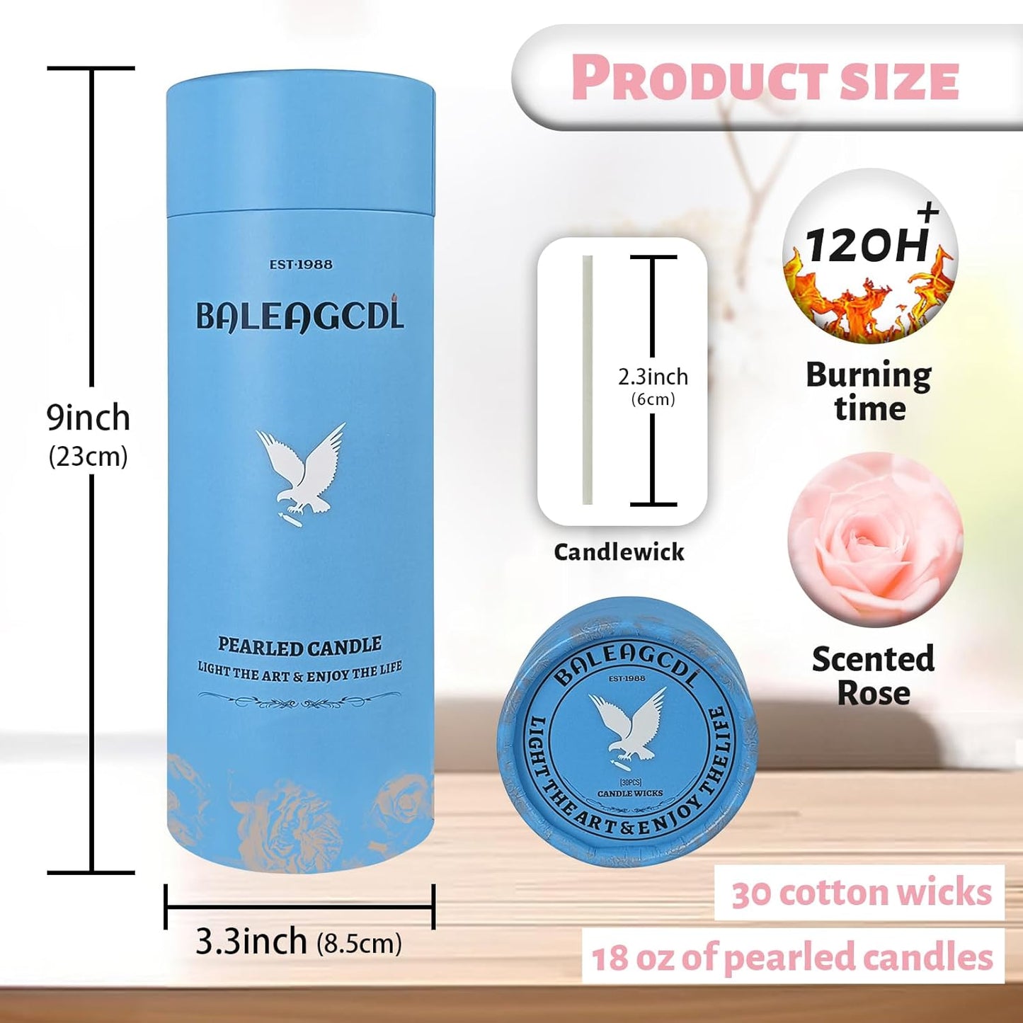 Rose Scented Pink Pearled Candle 18oz Luxury Sand Candle Granulated Wax - 30 Cotton Wicks – Wax for Candle Making Decorative Candles Smooth and Clean Burning Lasts up to 120 Hours