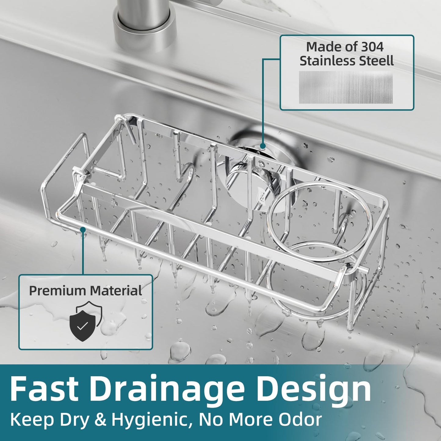 TAILI 4-in-1 Sink Caddy for Kitchen Sink with Strong Suction Cup-Silver