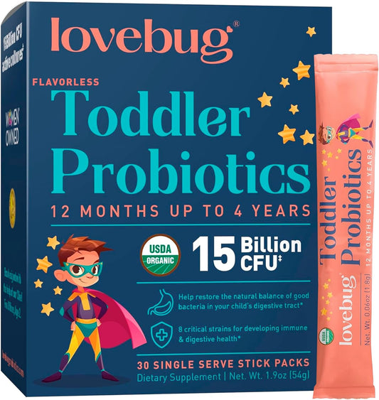 Lovebug Award Winning USDA Organic Probiotic for Toddlers & Kids | Multi-Strain 15 Billion CFU |