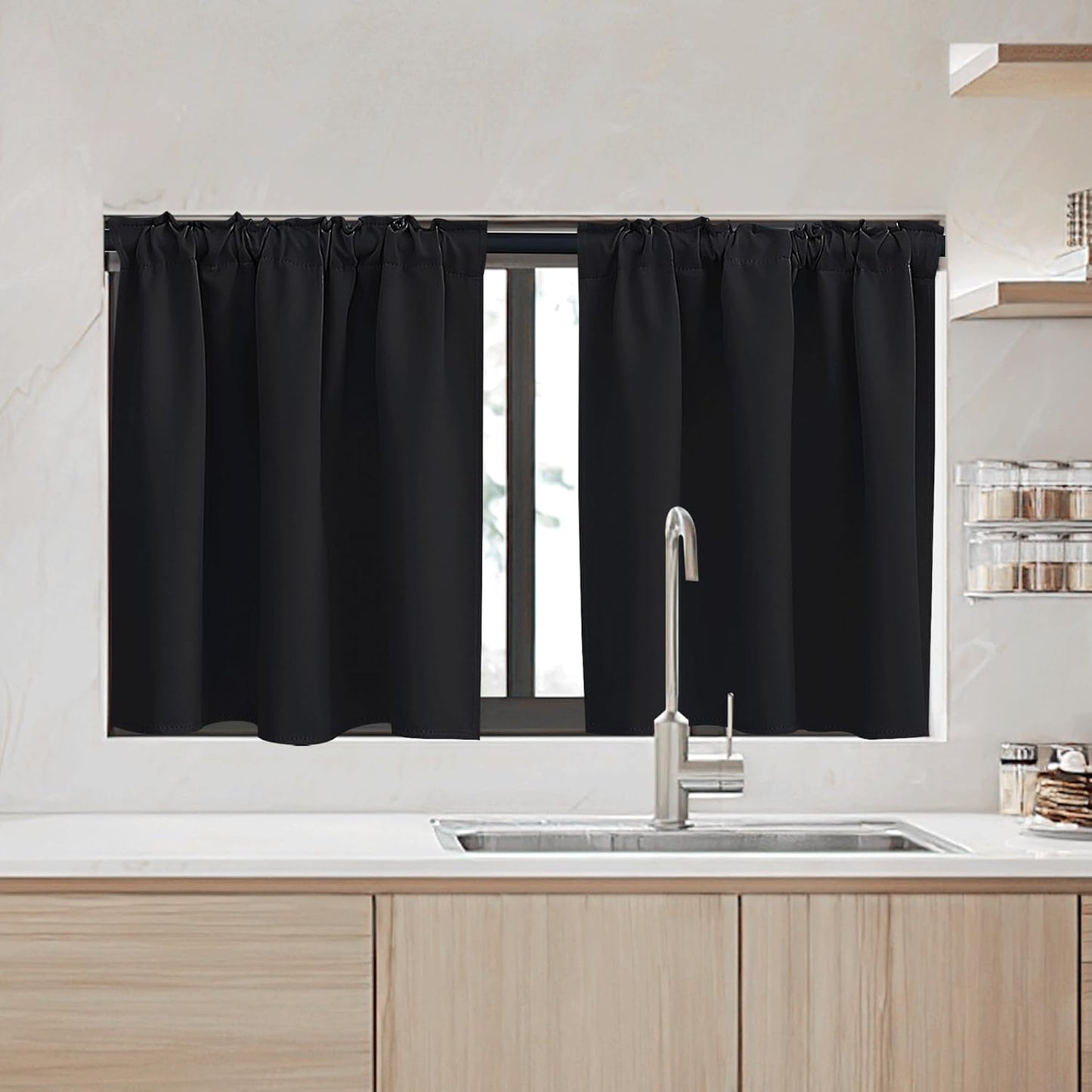 RYB HOME Kitchen Window Curtains - Blackout Privacy Half Window Curtains for Bedroom Bathroom Dining Living Room Cafe Office Short Tiers Drapes, W 34 x L 36 inches, 2 Panels, Black