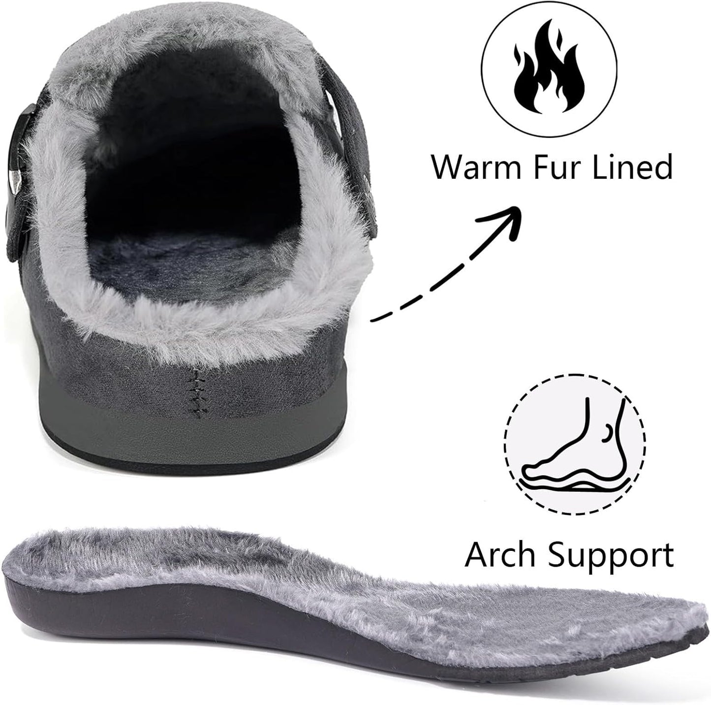 Fur Lined Clogs for Women Men Suede Winter Slippers Arch Support Slip on Mules Potato Shoes with Removable Cushion Footbed Warm Home House Shoes