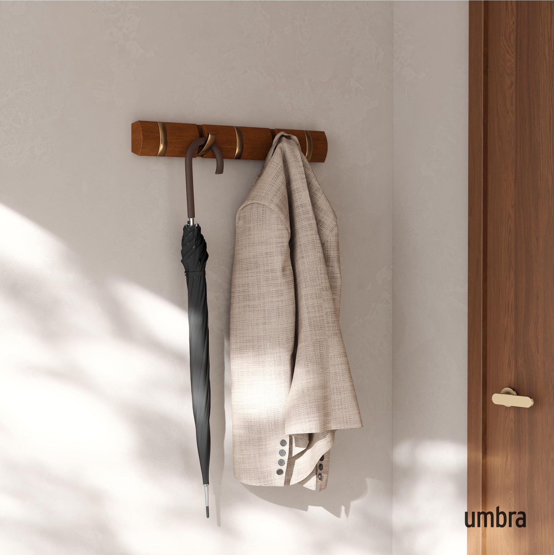Umbra Flip Coat Rack, Wall Mounted 5-Hook Space Saving, Walnut/Gold