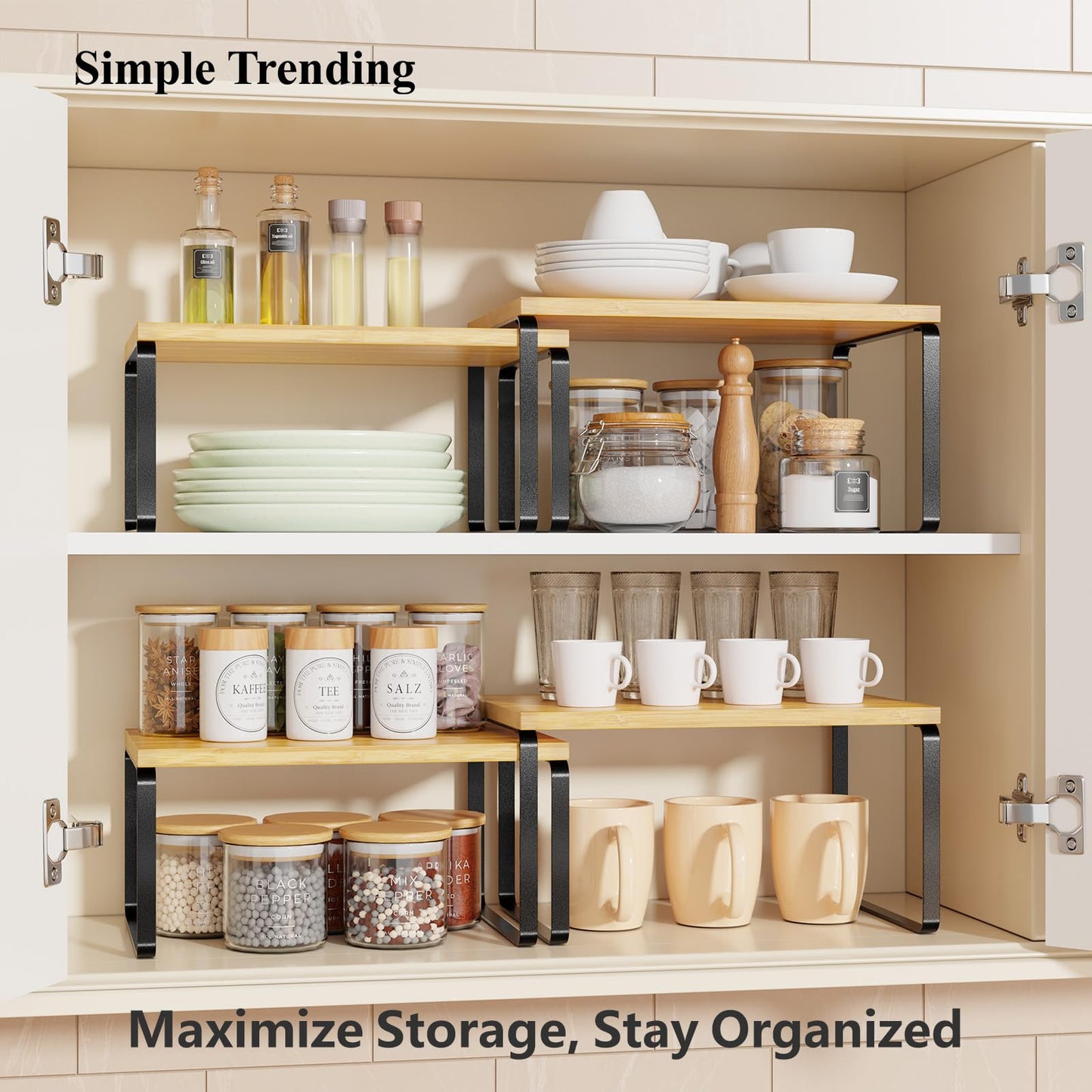 Simple Trending Bamboo Cabinet Organizer Shelf, Set of 2 Kitchen Counter Shelves, Stackable