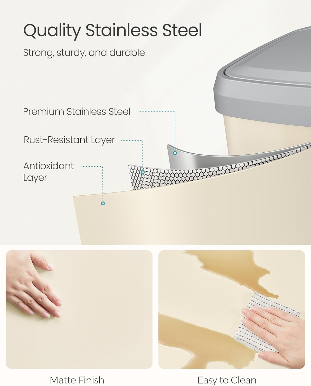 SONGMICS Kitchen Trash Can, 18-Gallon Stainless Steel Garbage Can, with Stay-Open Lid and Step-on Pedal, Soft Closure, Tall, Large and Space-Saving, Sand Beige and Dove Gray ULTB520A01