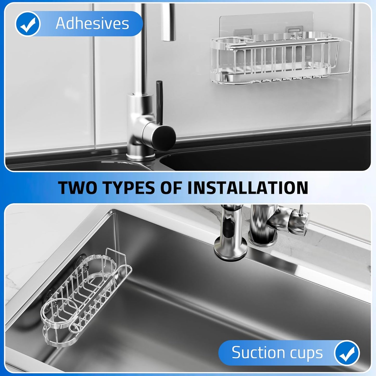 Cisily Kitchen Sink Caddy Sponge Holder in The Sink, Stainless Steel Kitchen Sink Organizer, Brush Holder, Dish Cloth Hanger, Sink Stopper Holder with 2 Installation Ways (Suction & Adhesives, Silver