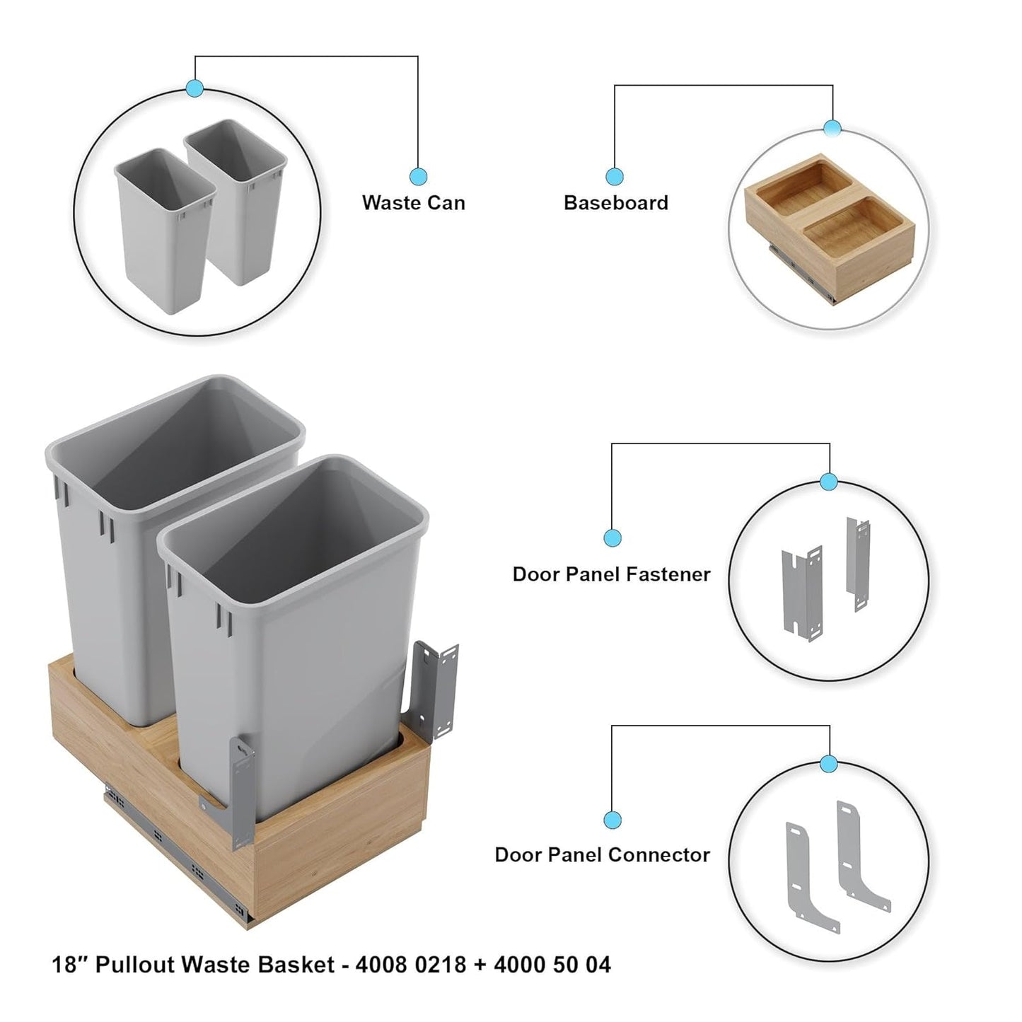 Dowell B18/B21 Wood Base Wastebasket Pullout with Two 50Qt Plastic Bins (4008 0218 50Qt X 2-18" W)