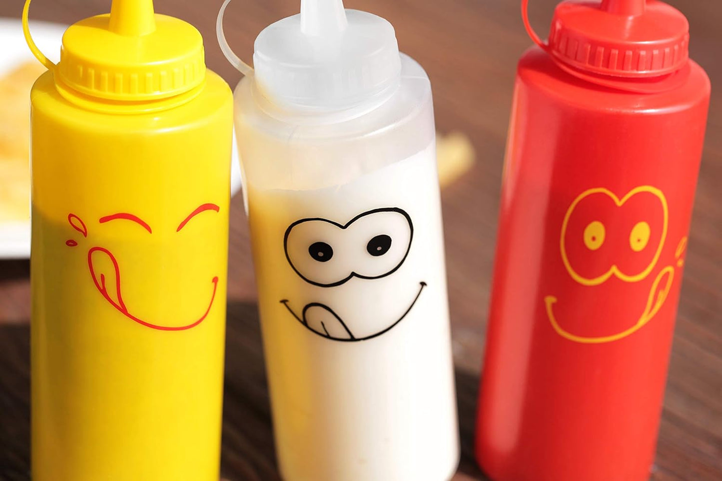 New Star Foodservice 28560 Smiley Faces Squeeze Bottle Set, Plastic, Red, Yellow, and Clear, 12 oz