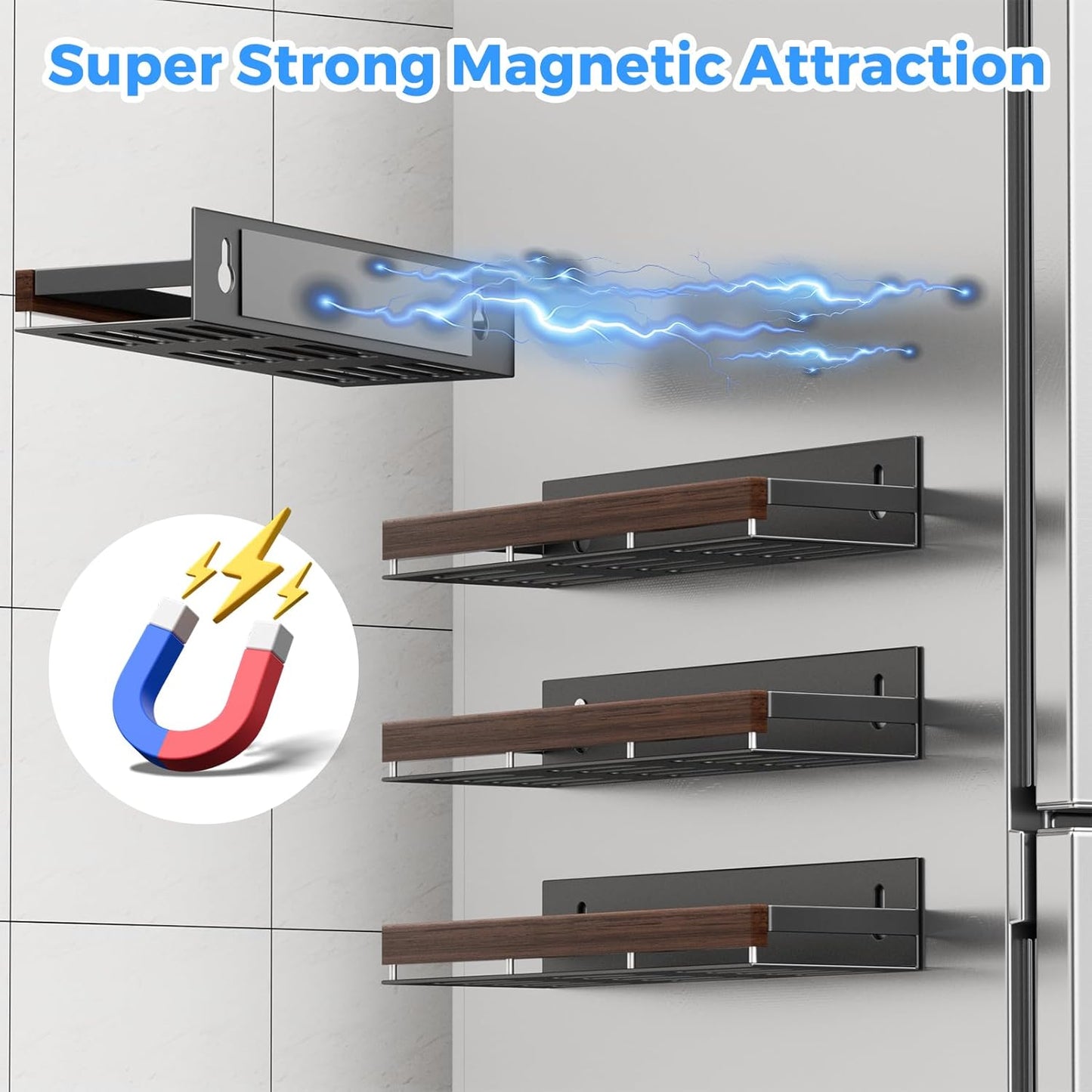 Walnut Magnetic Spice organizer for Refrigerator Wall Mount Spice Rack Magnetic Fridge Shelf Spice Jar Seasoning Organizer (4 PSC)