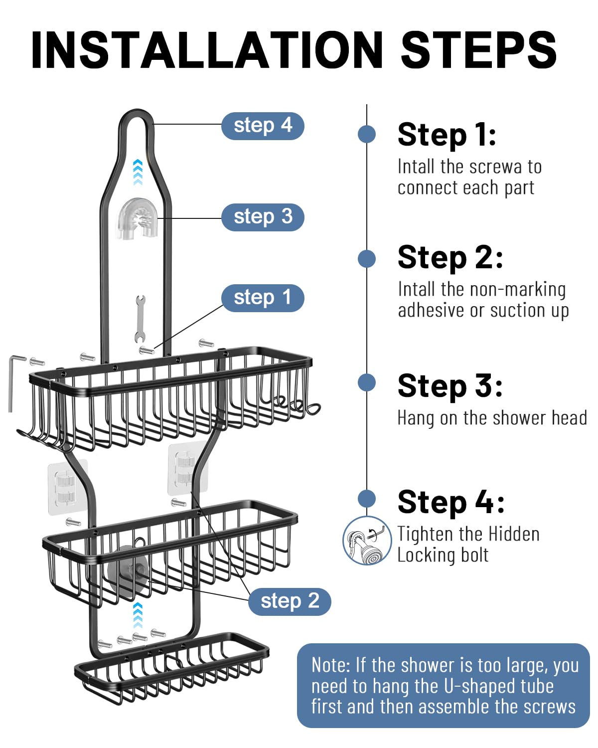 MSAICOE Shower Caddy Hanging - Never Rust Shower Hanging Organizer - Aluminum Over the ShowerHead