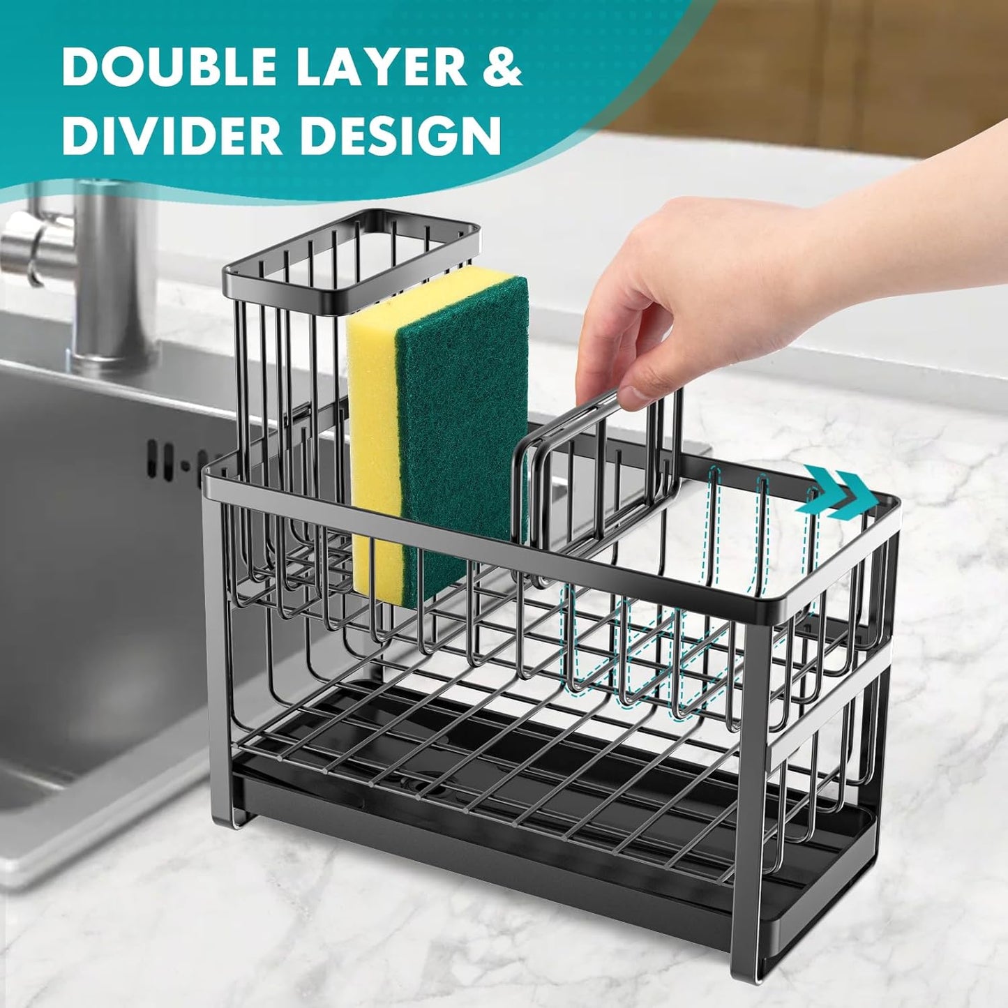 Sinnsally Kitchen Sponge Holder,2 Tier Sink Caddy Organizer with High Brush Holder,Stainless Steel Sink Box Dish Scrubber Holder,Soap Tray for Kitchen Counter Accessories & Storage Rack (Black)
