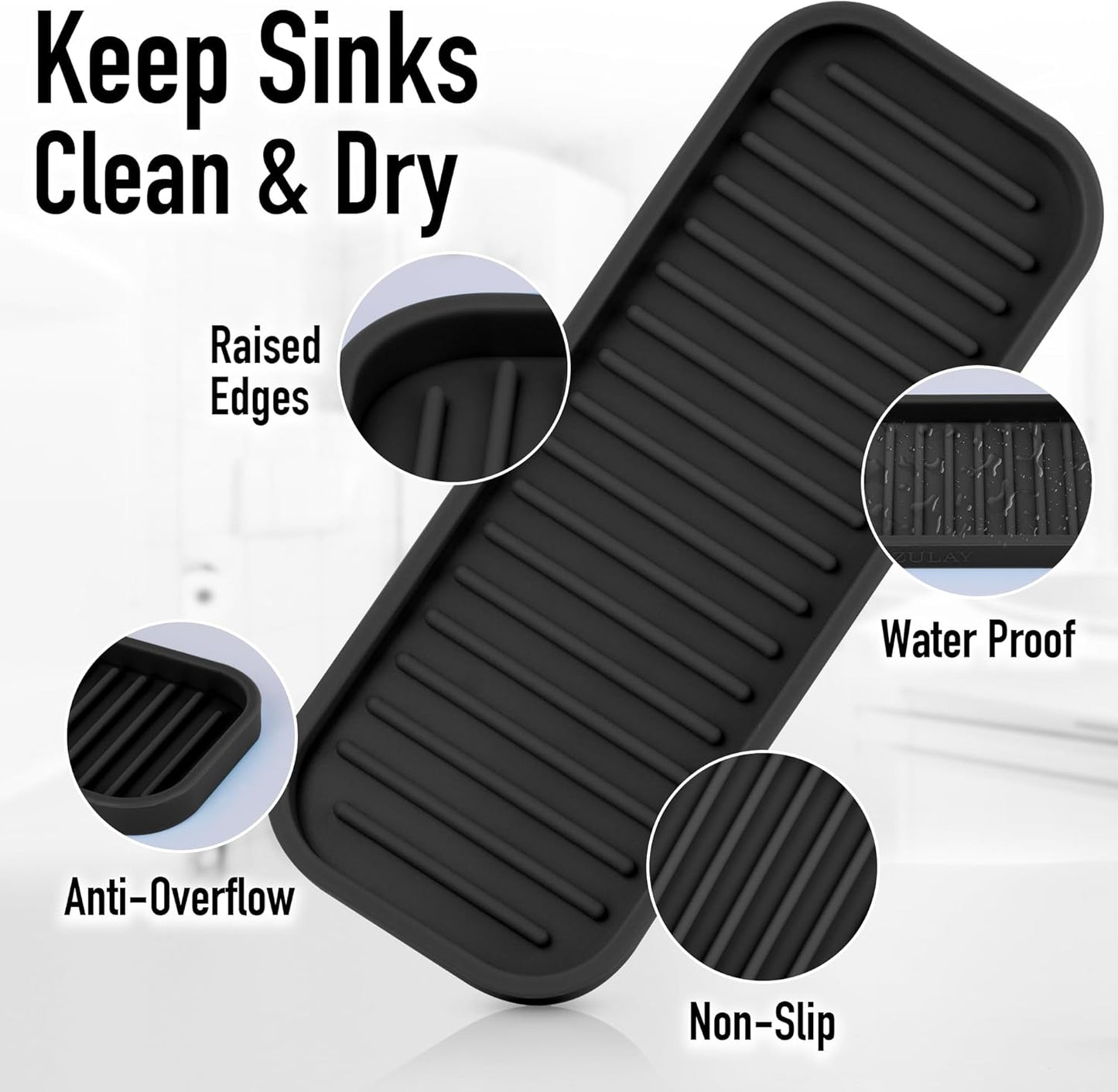 Zulay Kitchen (9x3.5) Silicone Sponge Holder for Kitchen Sink - Flexible Multipurpose Soap Tray Sponge Holder - Sink Organizer Tray for, Bathroom, Makeup, Trinkets & More (Black)