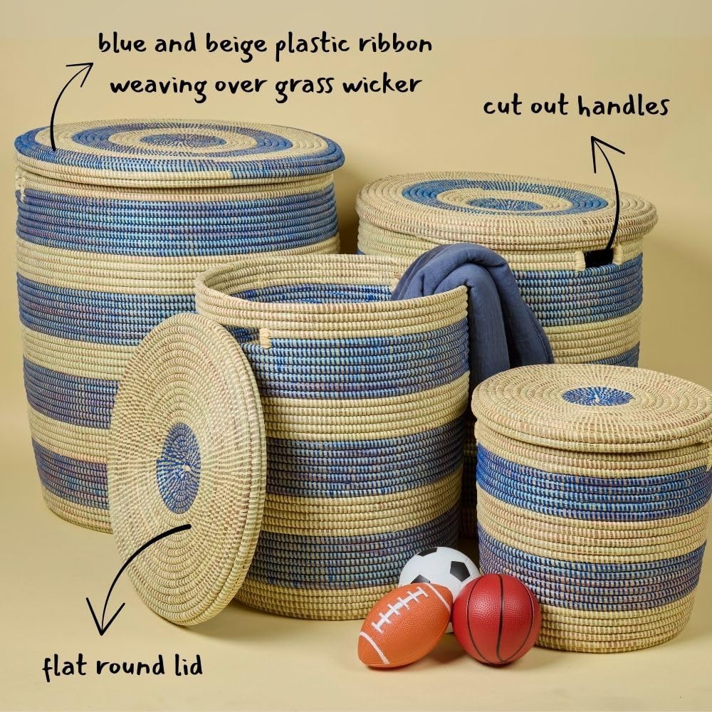 Storage & Organization - Basket, Laundry Hamper, Nursery Toys Bin, Living Room Blankets Storage, Decorative, Wicker, Woven, Sturdy, Round, Handles, Navy Blue, Large
