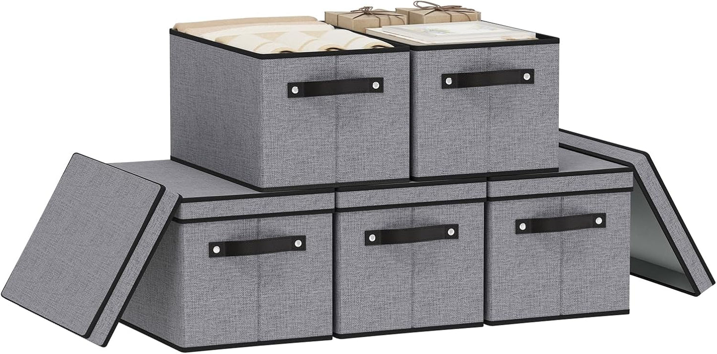 Storage Boxes, 15 x 9.8 x 8.3 Inch Baskets for Organizing with Lids, Fabric Bins with Handles, Decorative Linen Closet Organizers, Gray, 5 Pack