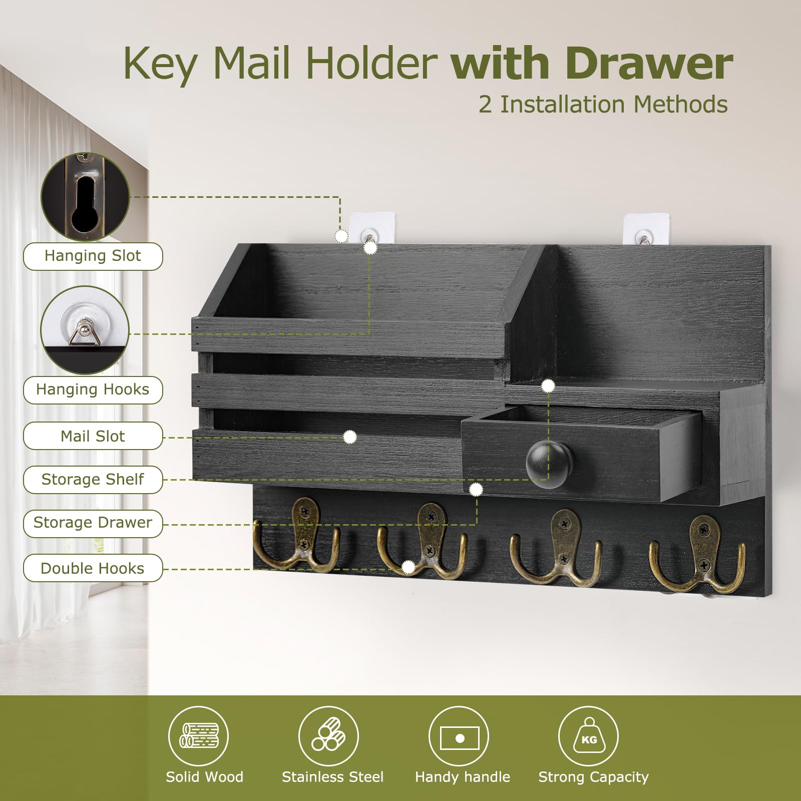 HOMEBROS Key Holder Wall Mount, Wooden Key and Mail Organizer, Black