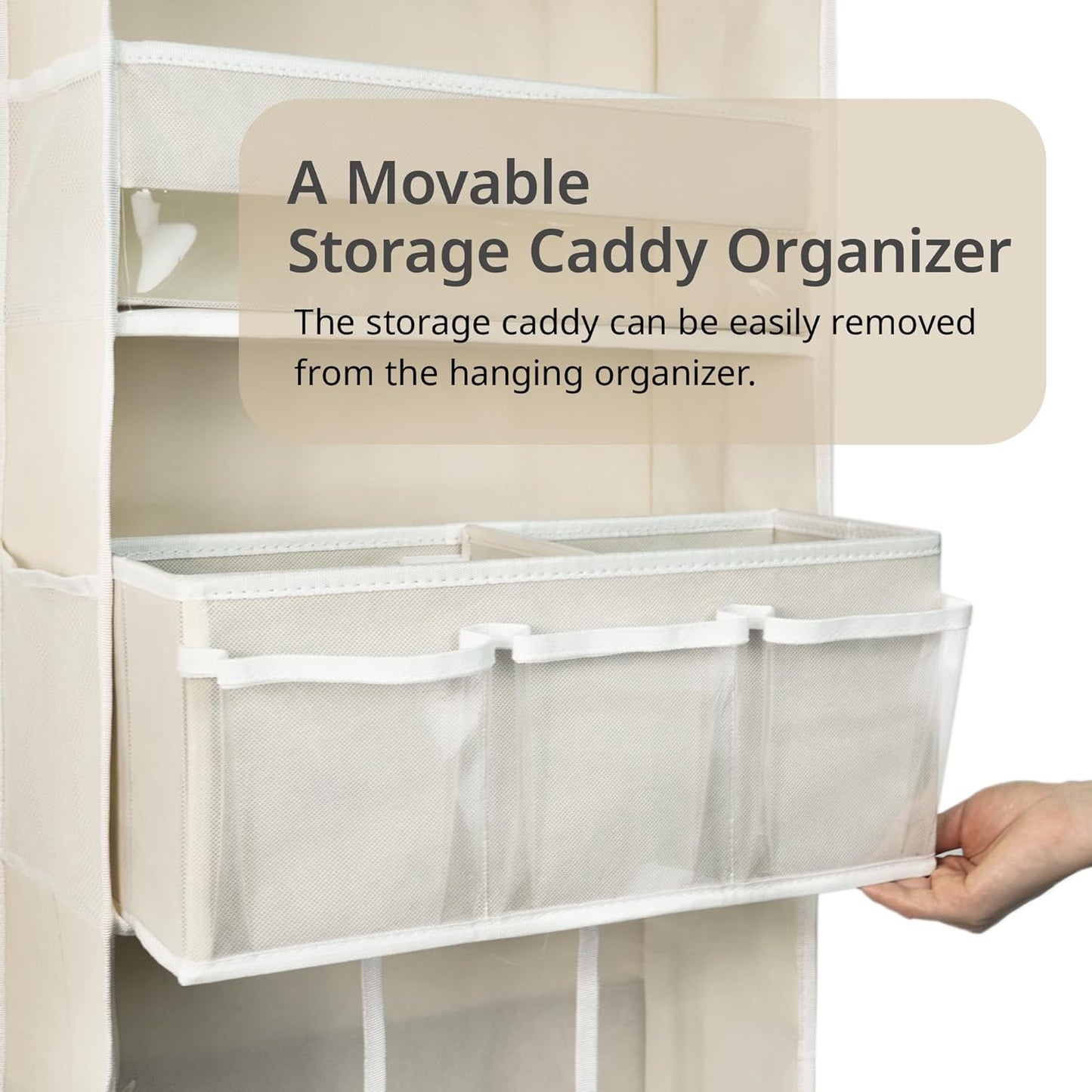 Door Hanging Storage Organizer,with 3 Bins 1 Movable Baby Diaper Caddy,1 Large capacity diaper stacking storage Organizer,10 Side Pockets ,Bedroom Door Storage for Nursery Baby Essentials. (Beige)