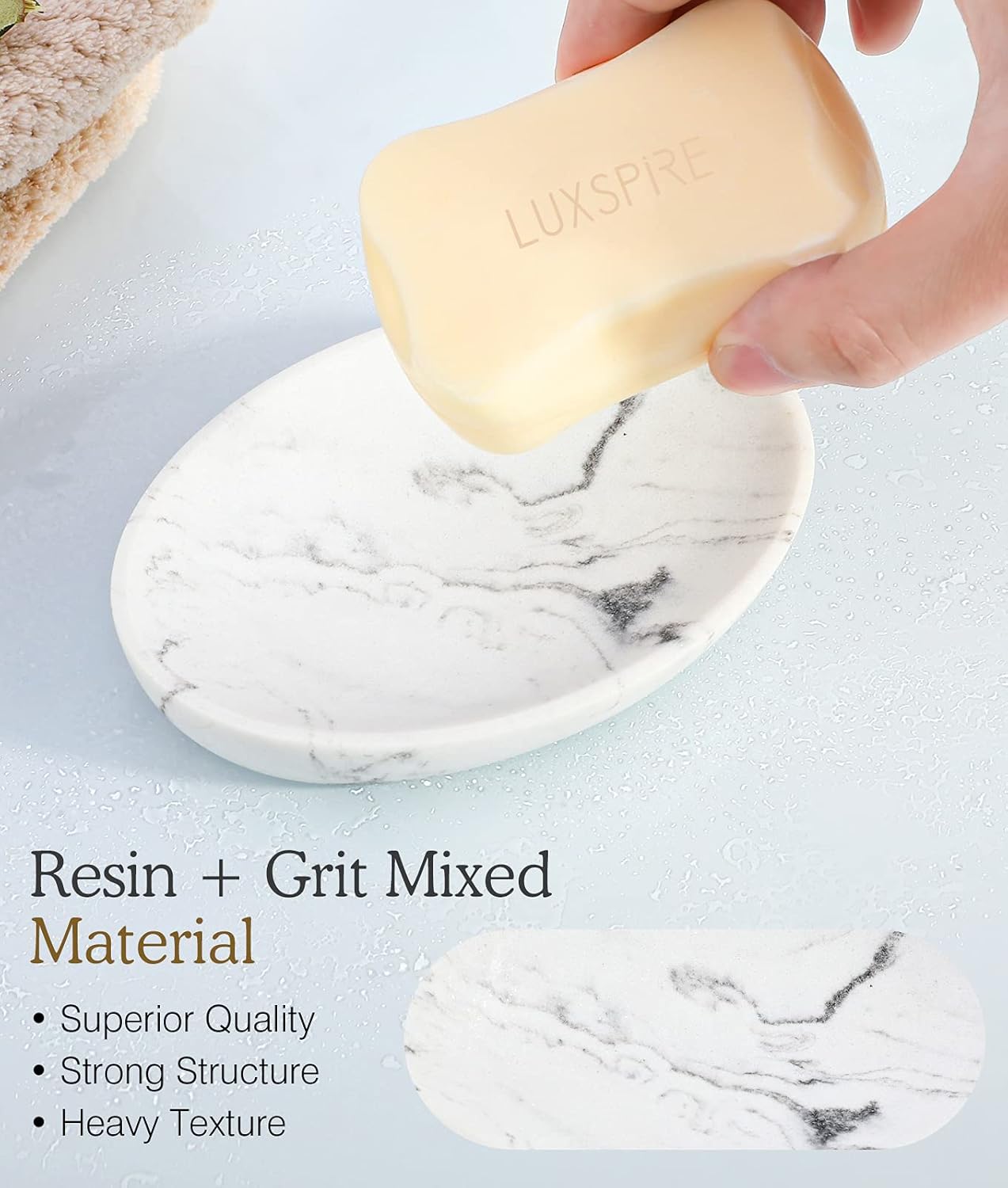 Luxspire Soap Dish, Resin Soap Tray Soap Holder Container Box, Marble Pattern Oval Soap Plate Case, Sponge Dish Scrubbers Tray Holder for Bathroom Vanity Shower Kitchen Sink Counter Top, Gravel White