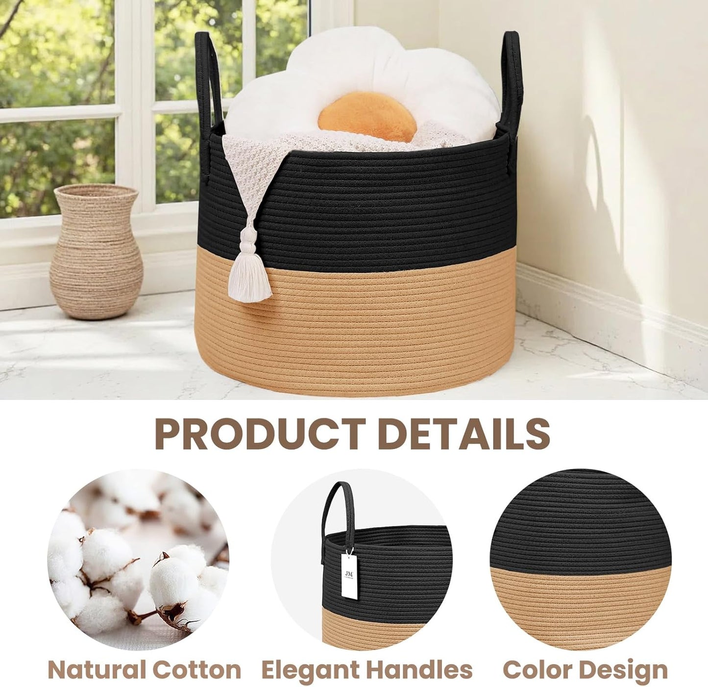 Woven Blanket Basket,65L Large Rope Storage Bin with Handles, Organizer for Blankets Toys Book and Clothes, Laundry Basket for Living Room Bedroom Nursery,Black&Jute