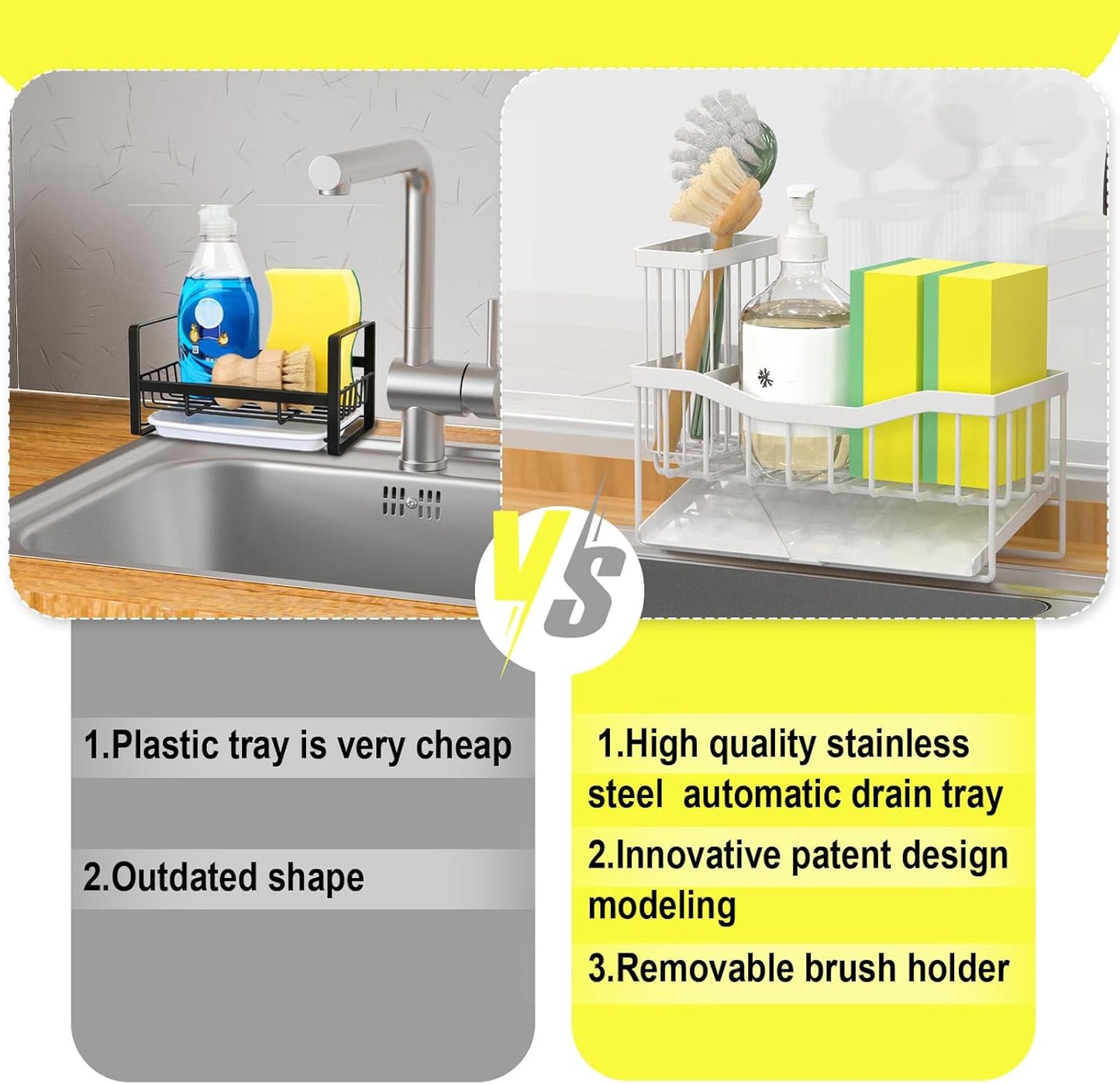 Maifan Sink Caddy Sponge Holder for Kitchen with Brush Holder and Stainless Steel Self Drain Tray, Rustproof Kitchen Sink Organizer for Sponge, Soap Dispenser Storage Accessories