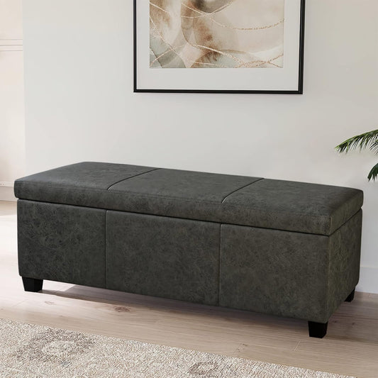 BELLEZE Storage Faux Leather Ottoman, 47 Inch Bench Bedroom Bench with Safety Close Hinge, Extra
