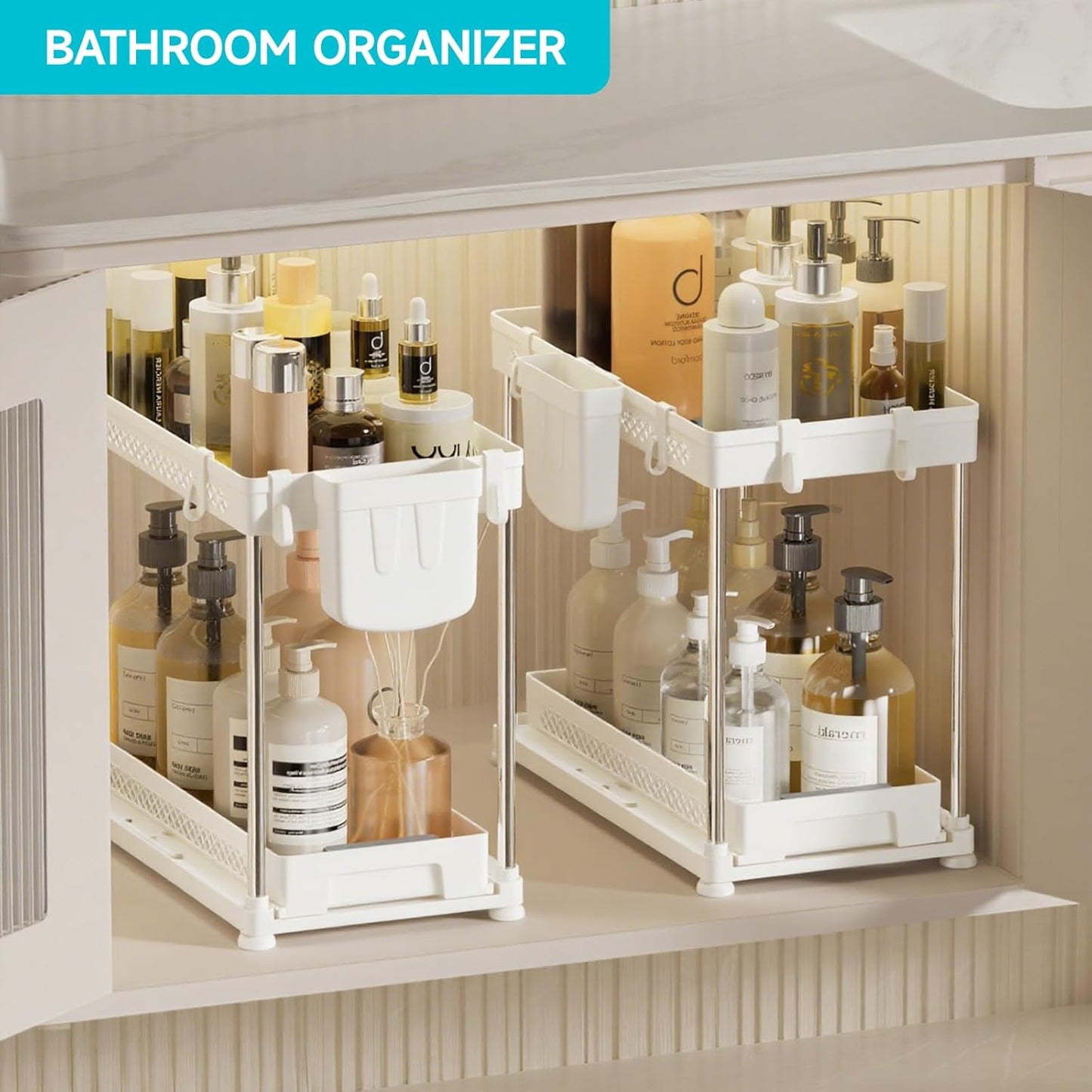 Under Sink Organizer, 2 Tier Pull Out Cabinet Organizer with Hooks Hanging Cup, Easy Installation & Rust-resistant, Multi-Purpose Storage Shelf for Kitchen Bathroom Pantry (White, 2 Pack)