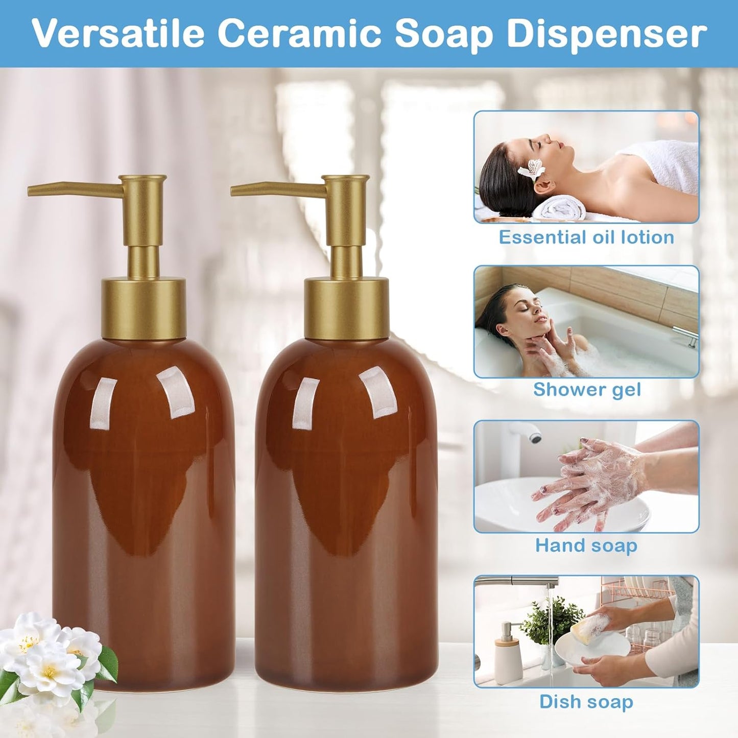 Natheeph 14OZ Ceramic Soap Dispenser Ceramic Soap Pump Dispenser Can Fill Liquid for Bathroom/Kitchen (2PC Brown)