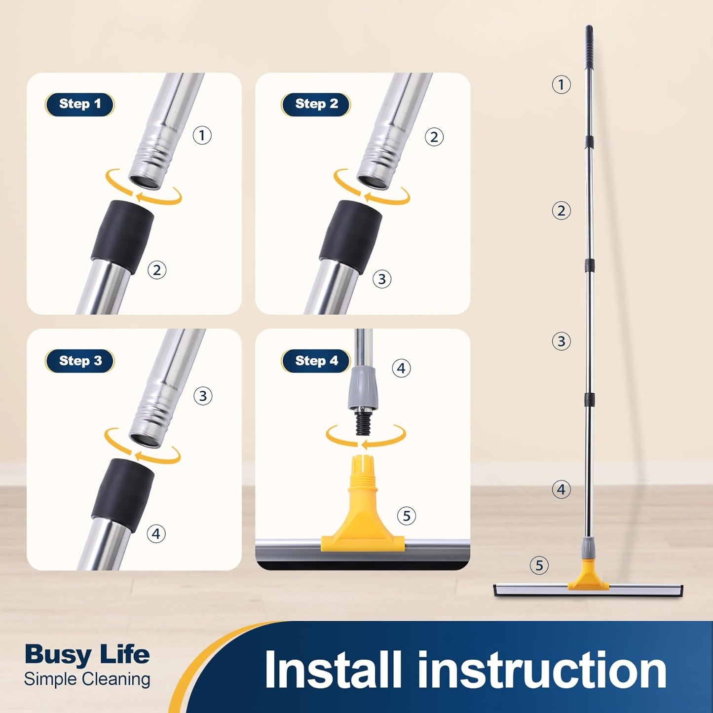 Yocada 17.7" Floor Squeegee Rubber TPR Blade Scrubber Broom 61.8inch Pole Household Broom for Garage Courtyard Shower Bathroom Floor Marble Glass Tile Water Foam Pet Hair Removal Cleaning