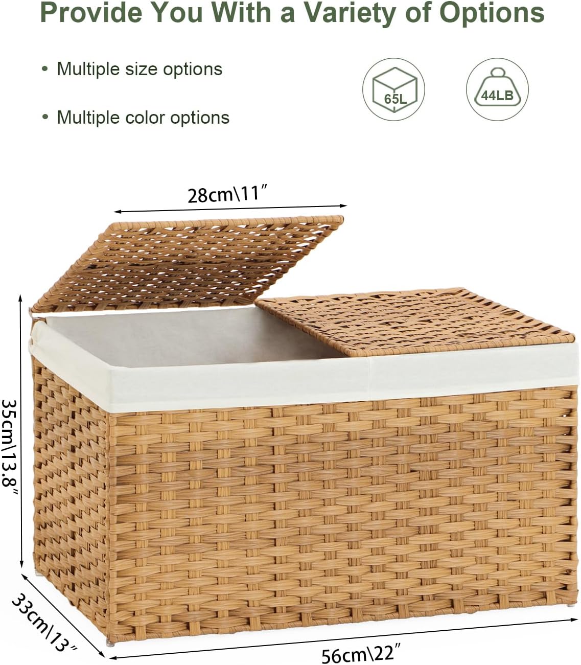Storage Basket with Lid Rattan Woven Storage Baskets with 2 Separate Lids, 17.2 Gallon (65 L), 22 x 13 x 13.8 Inches,Foldable, 2 Removable Liner Bags Handles for Bedroom, Laundry Room Natural