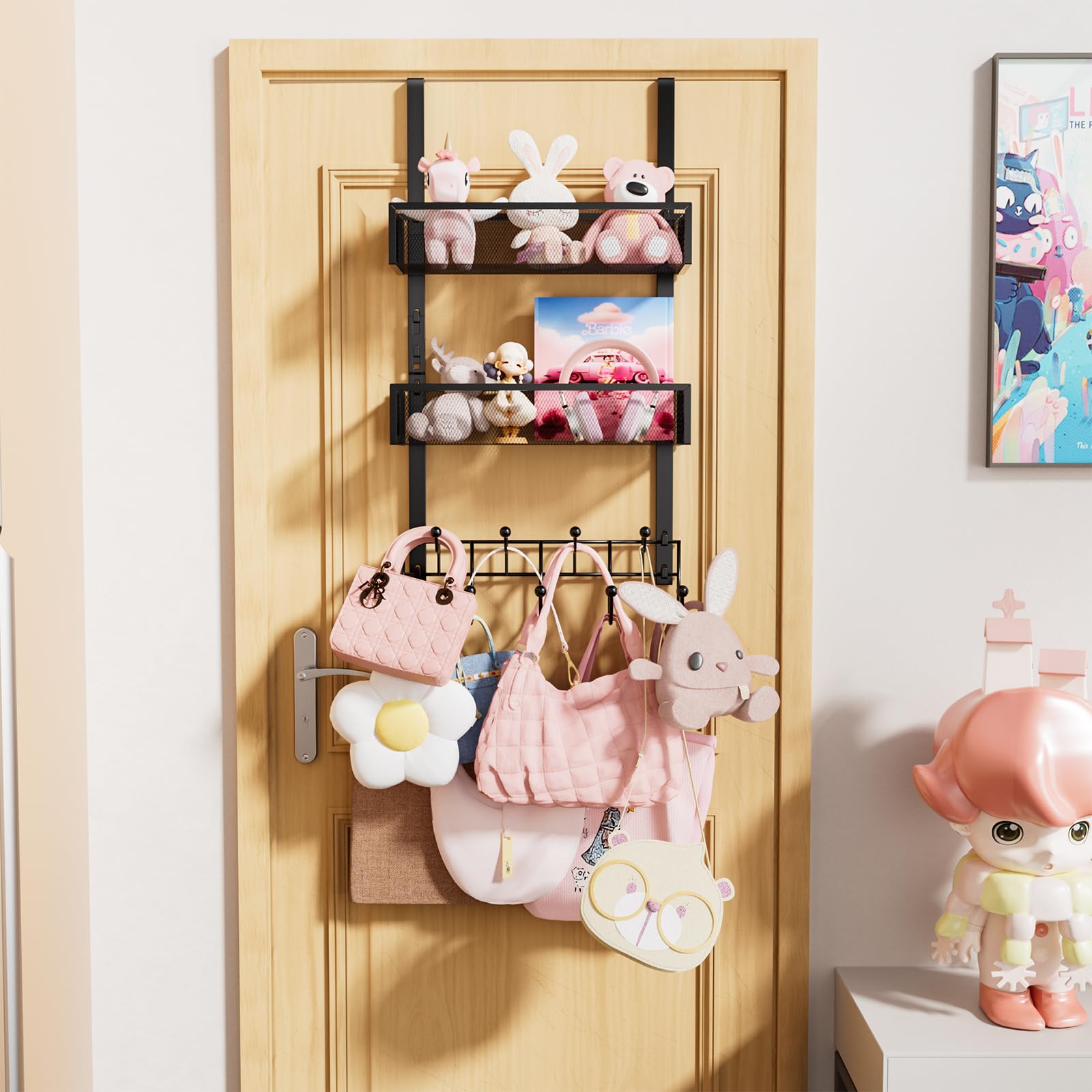 Consumest Over The Door Hooks Organizer - 3 Tier Door Hanger with 9 Coat Hooks & 2 Mesh Basket