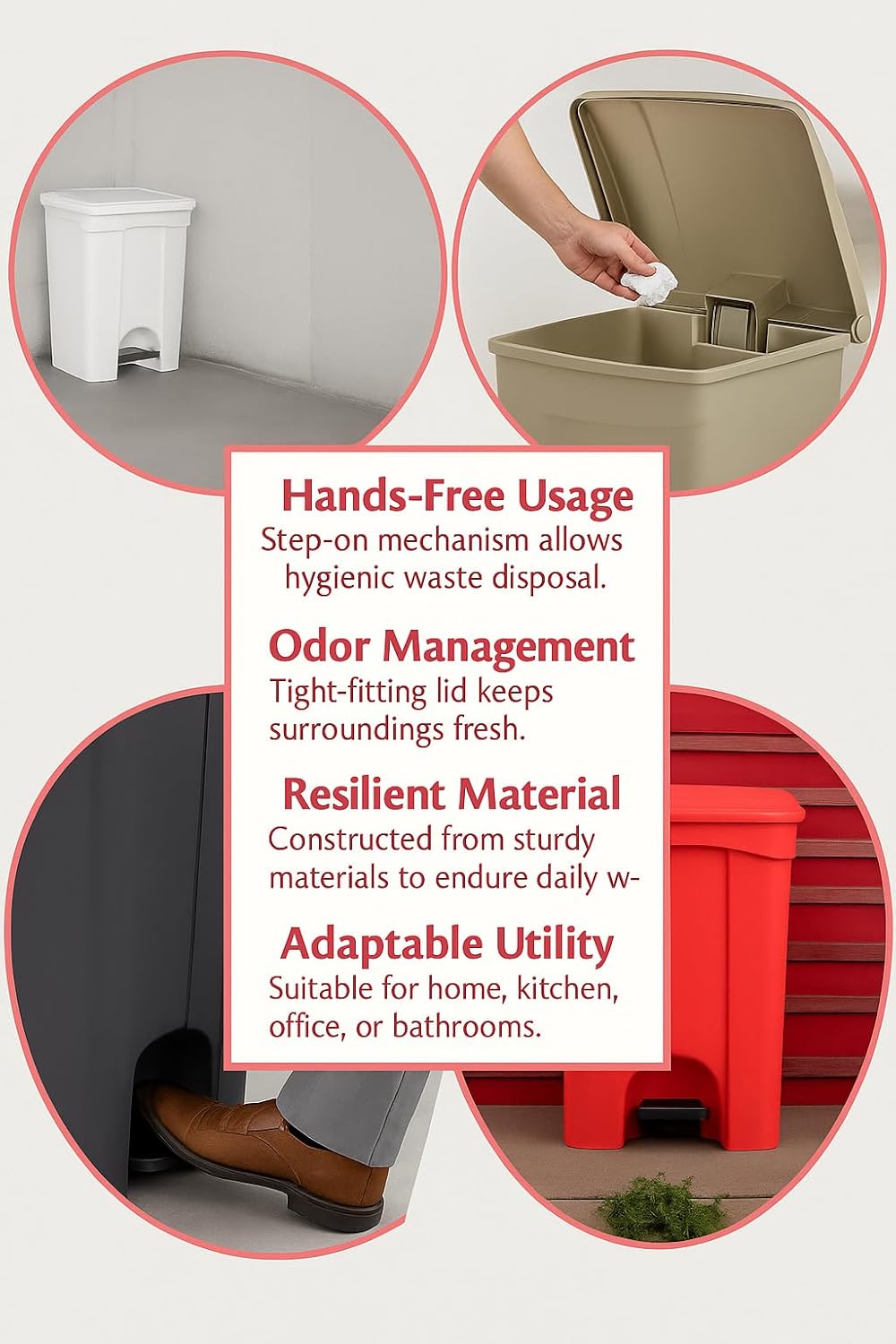 PRO&Family Step-On Trash Can with Lid, Plastic Waste Bin, Foot Pedal Operation (White, 23 Gallon)