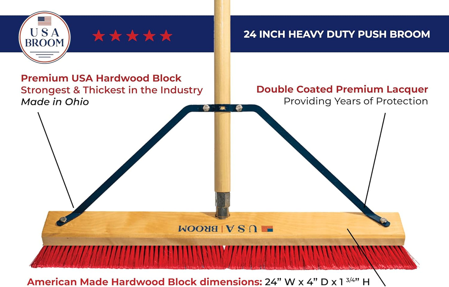 24" Everyday Sweep Indoor/Outdoor Push Broom with 60" Handle. Ideal for Garages & Shops. Durable American Made Steel Brackets-All Stainless Steel Hardware. No Plastic. 100% Made in The USA.