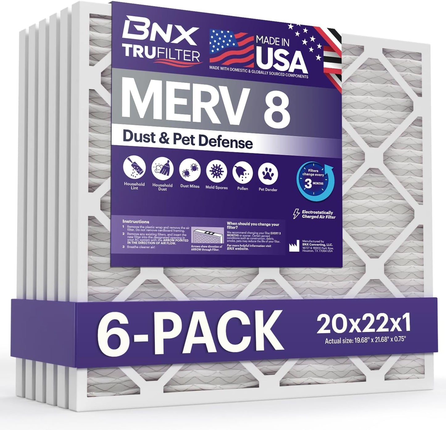 BNX TruFilter 20x22x1 Air Filter MERV 8 (6-Pack) - MADE IN USA – Dust & Pet Defense Electrostatic Pleated Air Conditioner HVAC AC Furnace Filters for Dust, Pet, Mold, Pollen MPR 600 – 700 & FPR 5