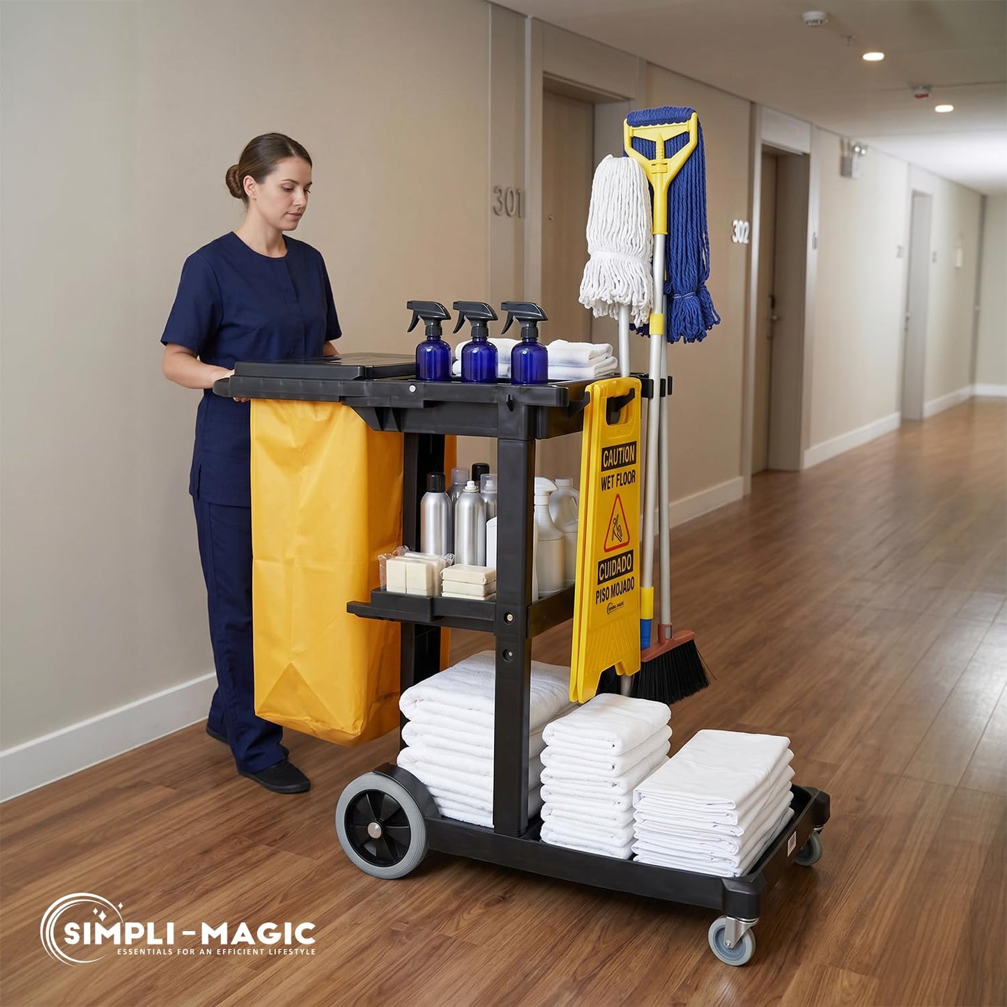 Simpli-Magic Janitorial Cart, 330 lbs Capacity – 3-Shelf Commercial Housekeeping Cleaning Cart on