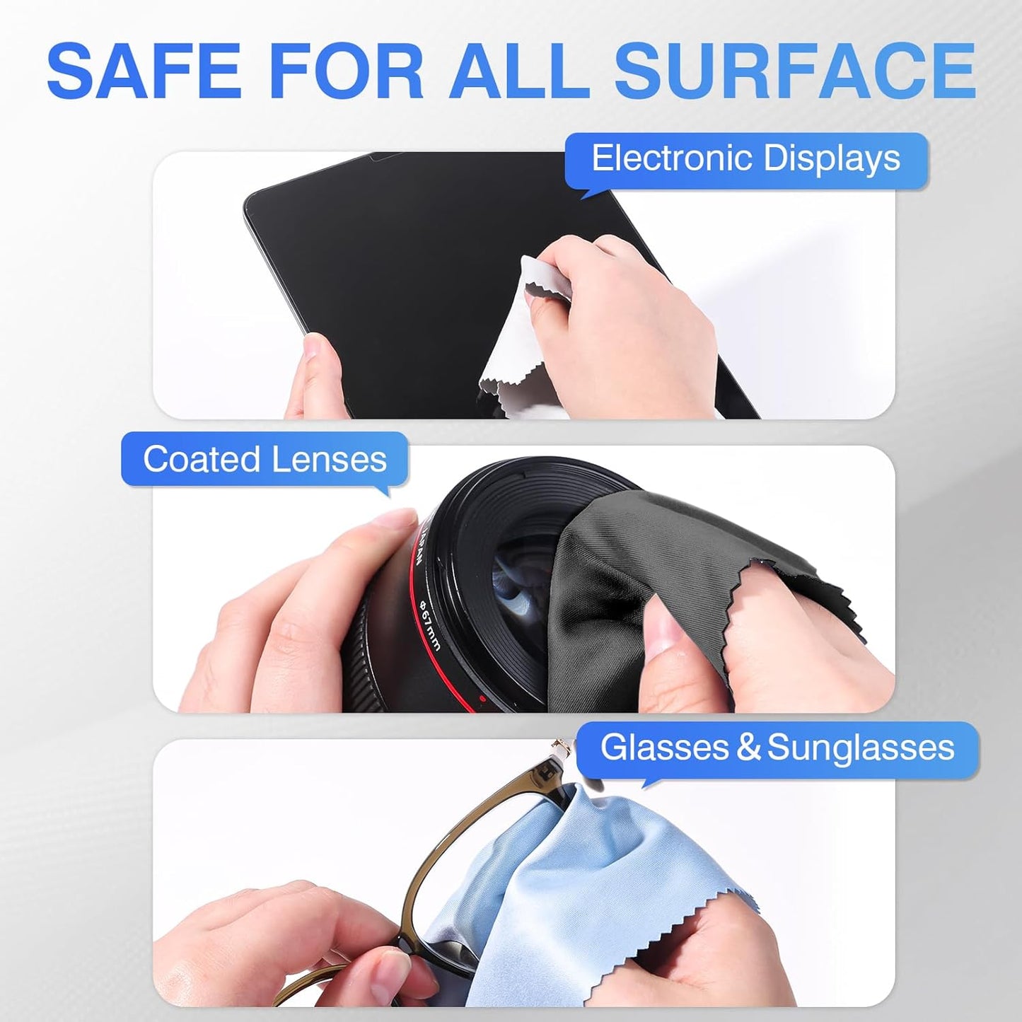 60-Pack Microfiber Cleaning Cloths for Glasses, 6x7 Inch Premium Lens Cleaning Cloth for Screens, Cameras, Eyeglasses, Cell Phone, LCD TV Screens，Black，Grey and Light Blue