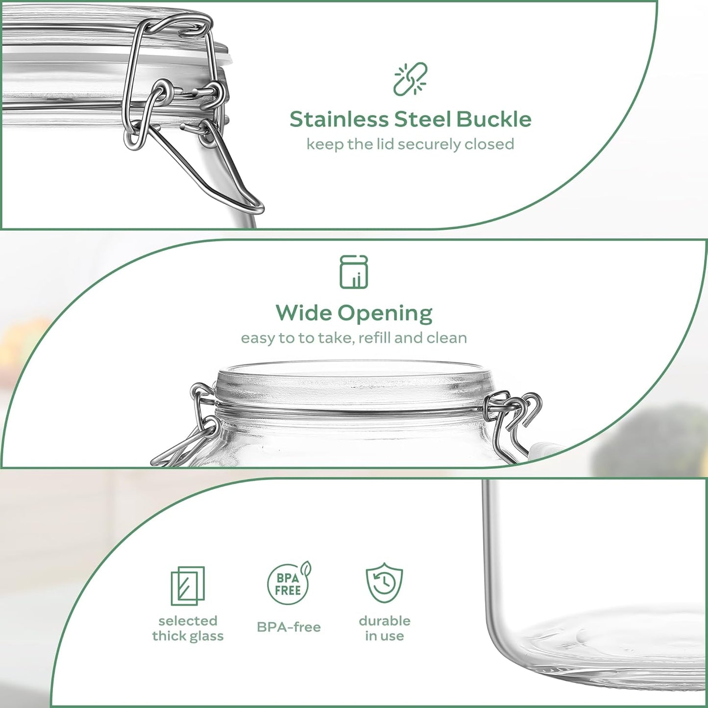 Glass Food Storage Jars with Airtight Lids 34 oz Square 4 Pack Kitchen Storage Containers Large Cabinet Canisters Sealed Pot Canning for Pasta, Cereal, Coffee, Beans, Spice