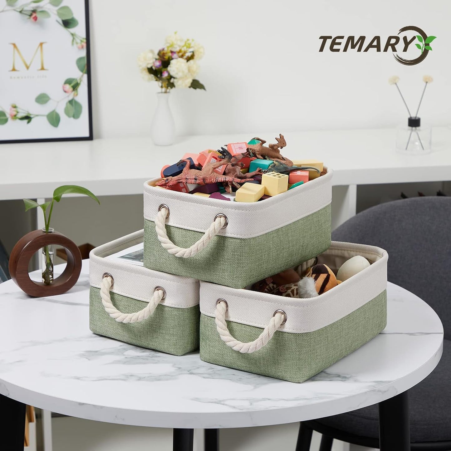 Temary Small Storage Baskets Small Fabric Bins for Closet, 6 Pack Decorative Storage Boxes with Rope Handles for Organizing Clothes, Canvas Storage Basket(White&Green,11.8L x 7.9W x 5.3H inches)
