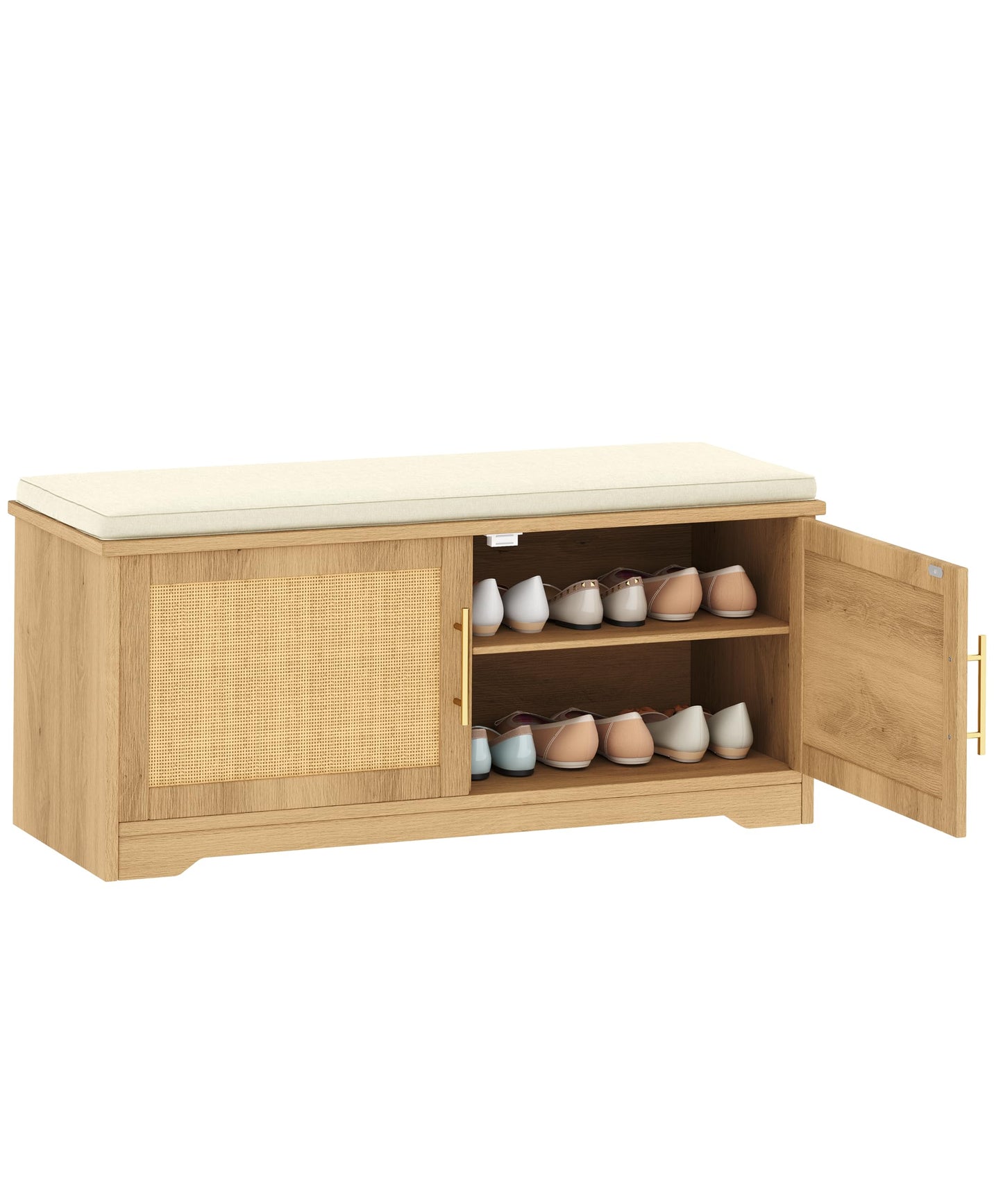 Zeibospri Rattan Shoe Storage Bench, 39.4" Wide Entryway Bench, Natural Oak
