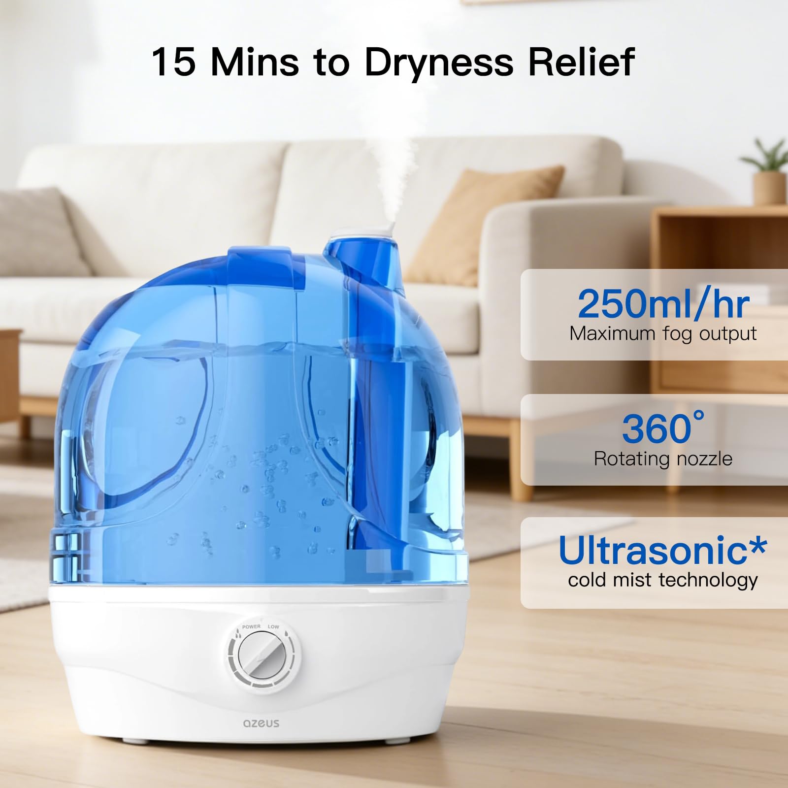 AZEUS Cool Mist Humidifiers for Bedroom, BabyRoom, Office and Plants,2.8L Large Capacity Ultrasonic