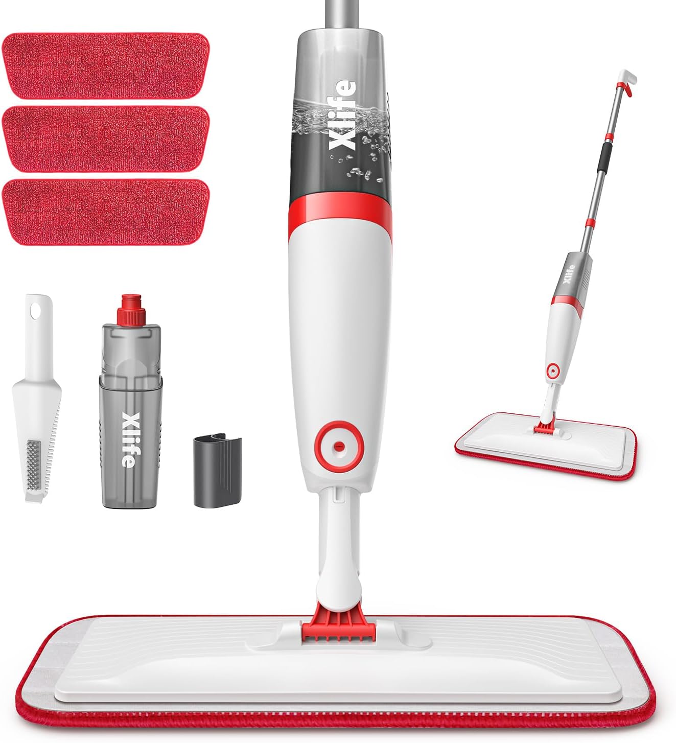 Spray Mops for Floor Cleaning with 3pcs Washable Pads, Xlife Wet Dry Mop for Kitchen Wood Hardwood Laminate Ceramic Tiles Floor Dust Cleaning-Red (No Cleaner)