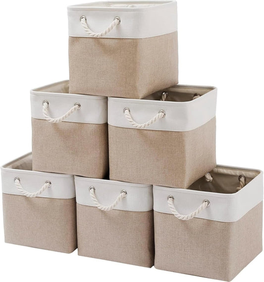 Mangata Canvas Storage Boxes, 11 Inch Cube Storage Bins Set of 6, Fabric Baskets with Cotton Rope Handle for Organizing Clothes Nursery Home (Khaki/White)