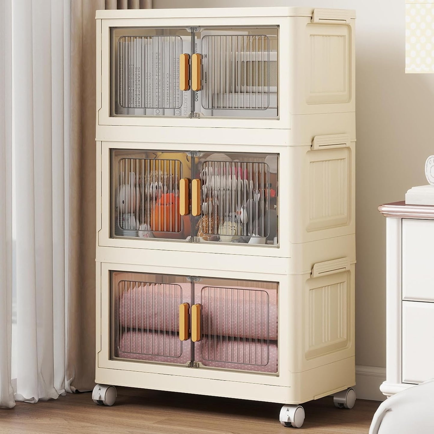 3 Tier Stackable Plastic Storage Bins with Lids 48QT, Collapsible Closet Organizers and Storage with Wheels for Living Room,Office,Dorm