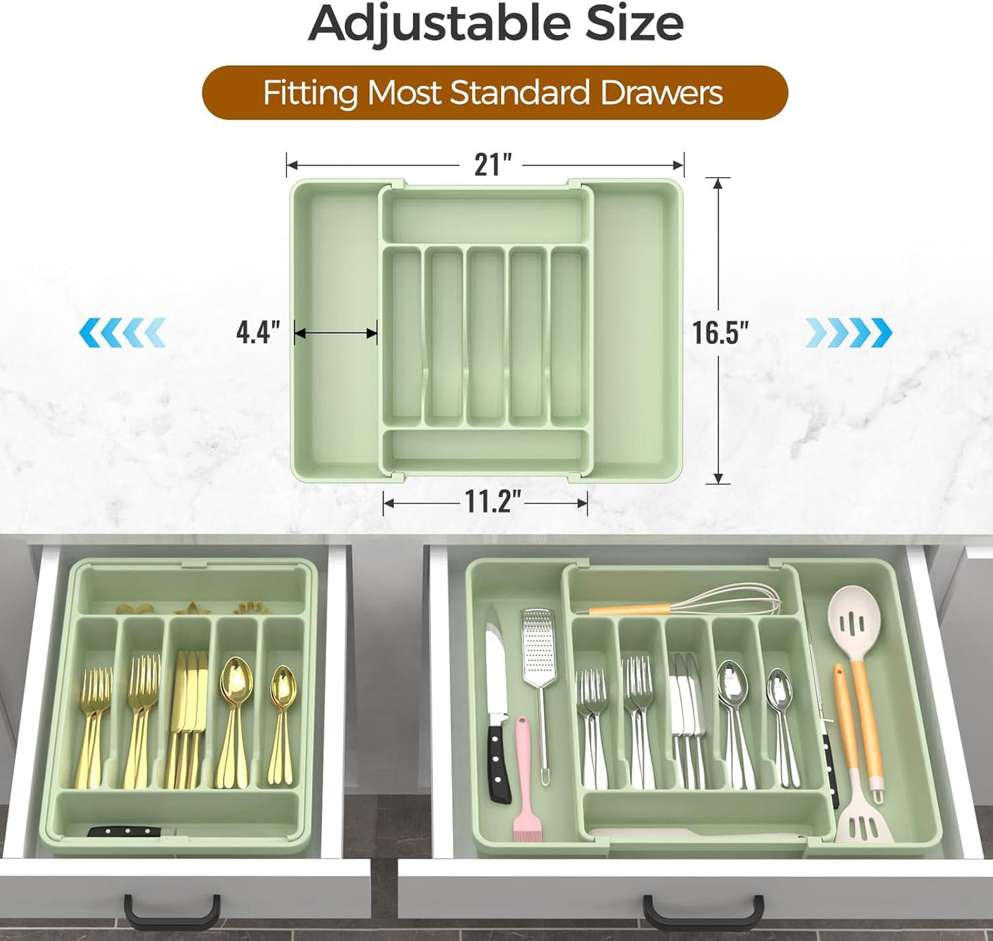 Extra Large Expandable Silverware Organizer, BPA-Free Food-Safe Cutlery Flatware Organizer, Kitchen Utensil Drawer Organizer, Adjustable Silverware Holder for Spoons Forks Knives, Green