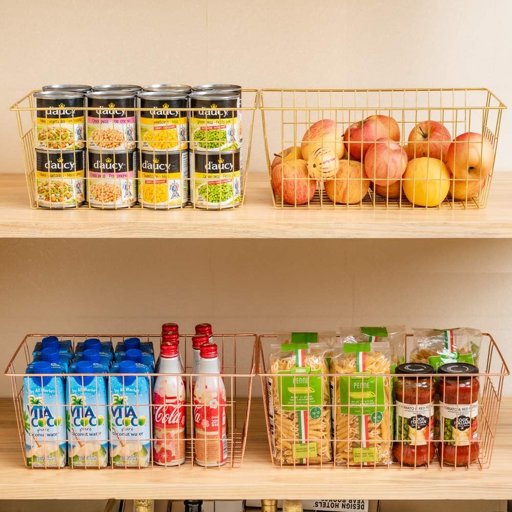 SANNO Wire Storage Basket, Farmhouse Pantre Freezer Baskets bins Metal Baskets Kitchen Storage Organizer Bin for Pantry, Shelf, Freezer, Kitchen Cabinet, Bathroom, Rose Gold