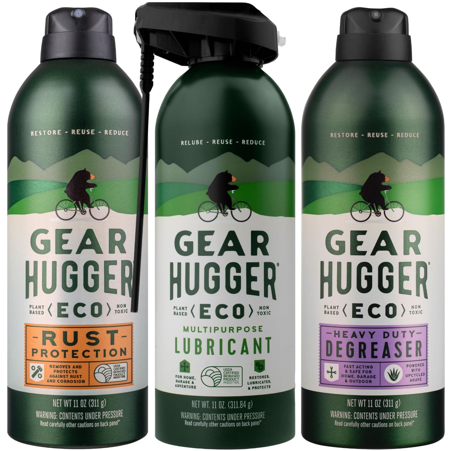 Gear Hugger Lubricant, Degreaser & Rust Remover - Eco-Friendly (11 oz, Pack of 3), Garage Door Lubricant Spray, Heavy Duty Oven Cleaner & Rust Protection - Plant-Based, No Petroleum, No PTFE, Green