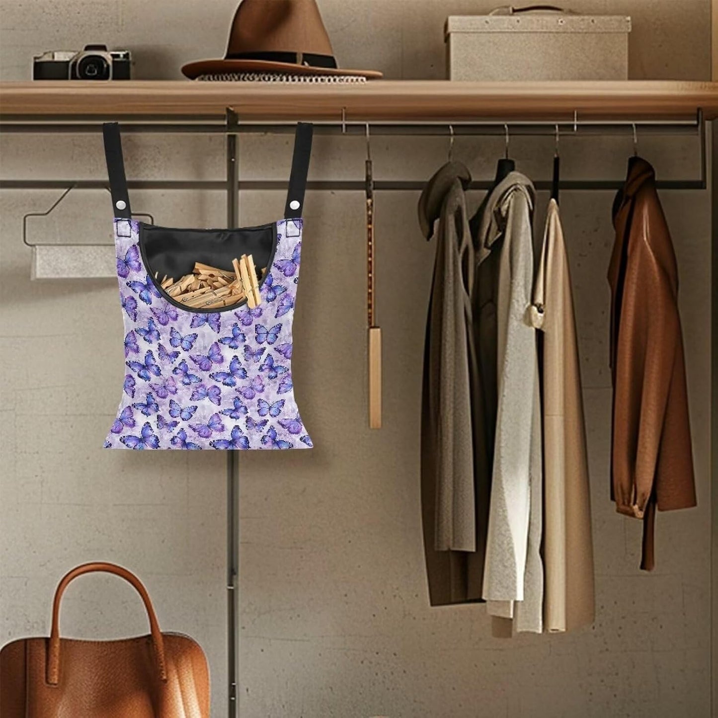 Butterfly Purple Clothespin Bag for Clothesline Outdoor, Soft & Lightweight Hanging Bag for Laundry, Clothes Pins Bag Holder Outdoor, Clothes Pin Bag for Outside