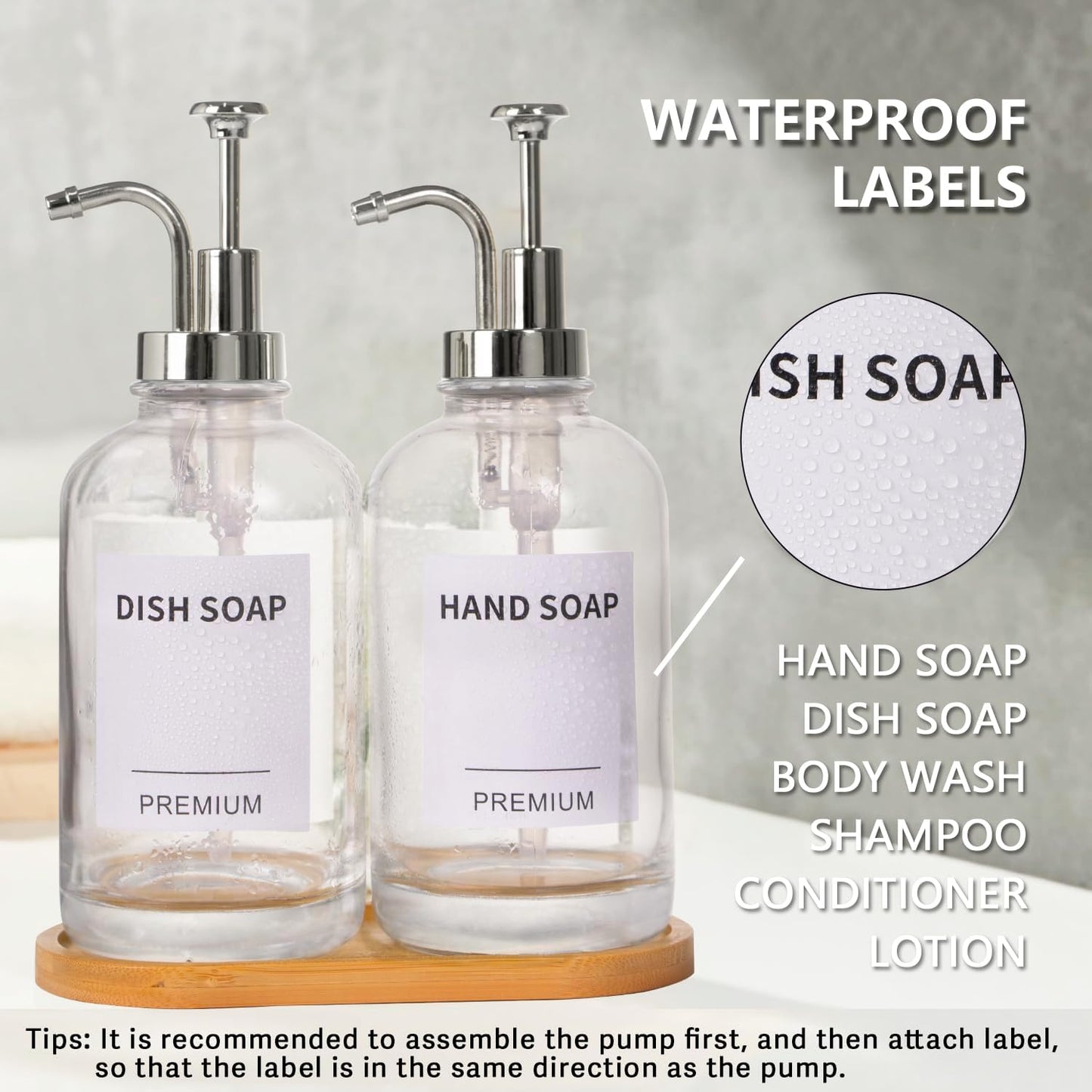 Dish Soap Dispenser for Kitchen, Hand Glass Soap Dispenser Set with Pump, Tray, Funnel for Bathroom, Shower, Laundry, Liquid, Lotion (Silver 2 Pack 18 Oz Clear Bottles with 12 Stickers)